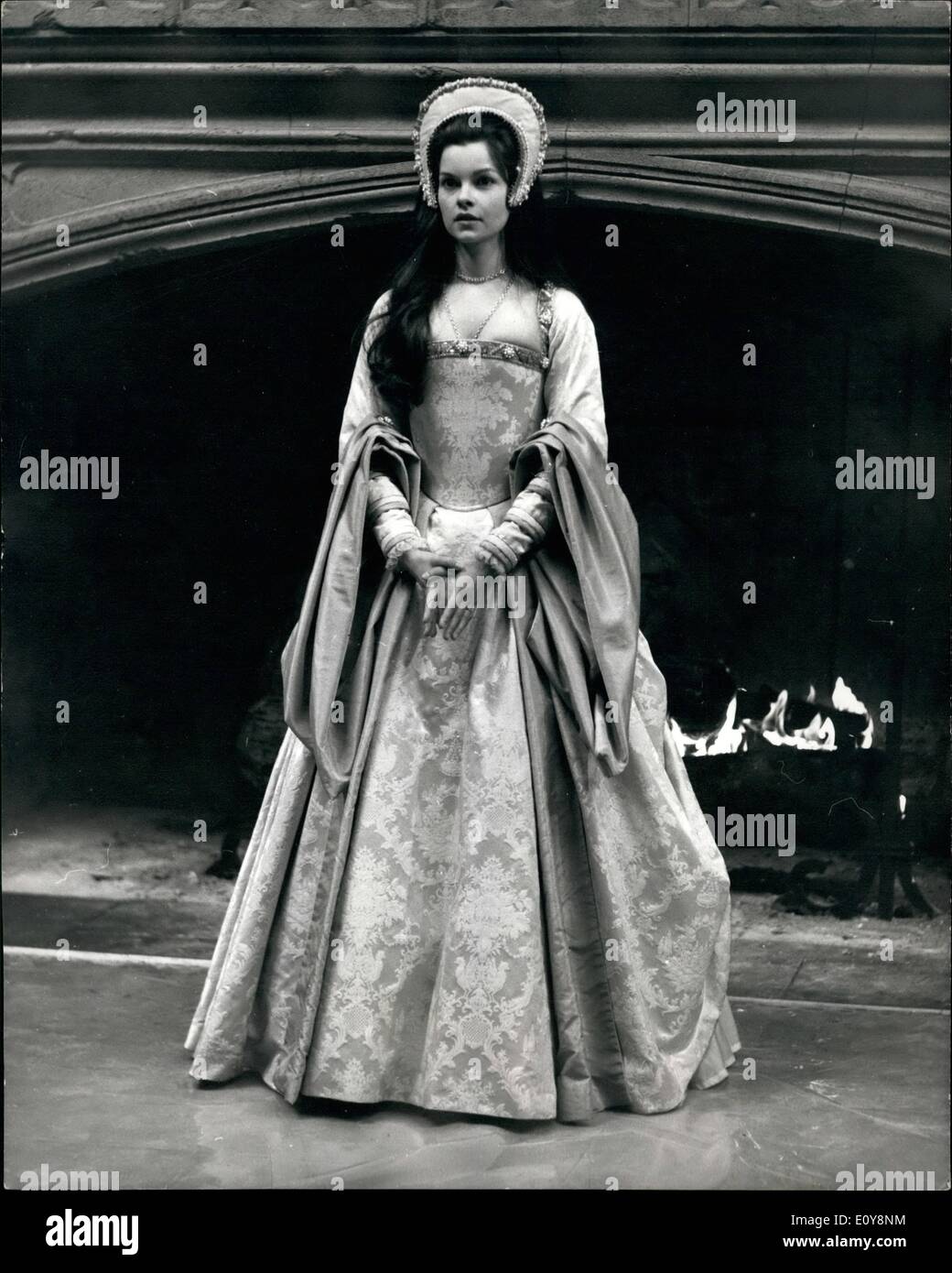 May 05, 1969 - Richard Burton's New Leadin Lady: A reception was held for the stars of the film ''Anne Of The Thousand Days'', at Shepperton Studies yesterday. Starring in the film are Richard Burton and his new leading lady, the French-Canadian actress, Genevieve Bujold. Photo shows Genevieve Bujold in costume at Shepperton yesterday for her role as Anne Boleyn in the film ''Anne Of The Thousand Days''. Richard Burton plays Herny VIII. Stock Photo
