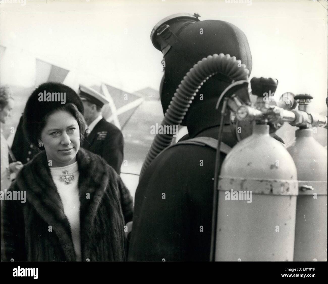 Feb. 02, 1969 - Princess Margaret visits NATO standing Naval Forces ships in the Thames: Warships of the Nato Standing Naval Force Atlantic, are berthed in the Thames during their six day visit to London. It is the first visit of Force's ships to London and coincides with the twentieth anniversary year of NATO. Today, Princess Margaret went on board four ships in the Albion Dock, Surrey Commercial Dock. They are the Netherlands flagship of the Force, the frigate Van Nes the Norwegian frigates Narvik and Stavanger and the Royal Navy frigate Dido Stock Photo