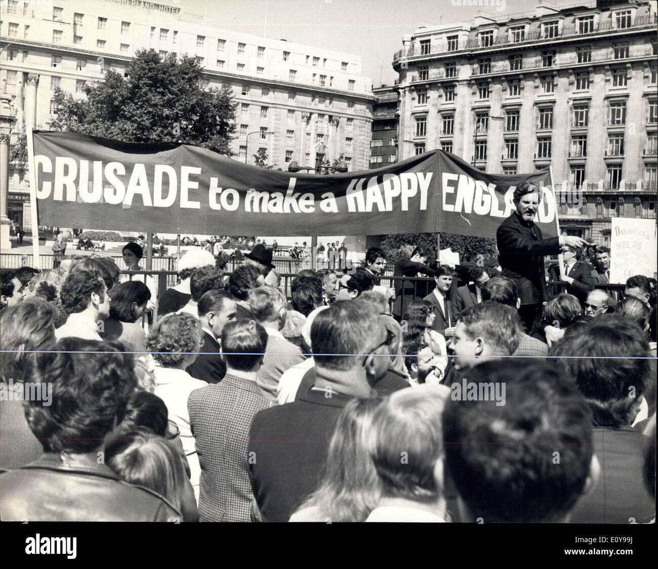 Aug. 24, 1969 - Dianetic Crusade Rally Held At Speaker's Corner - Hyde Park A Dianetic crusade rally took place today at Speaker's Corner, Hyde Park, Dianetics (science of the mind) is a pastoral counseling technique used by Ministers in the Church of Scientology. Photo Shows: Mr. Tom Morgan, a member of the executive committee, addressing the crowd at Speaker's Corner, Hyde Park, today. Stock Photo