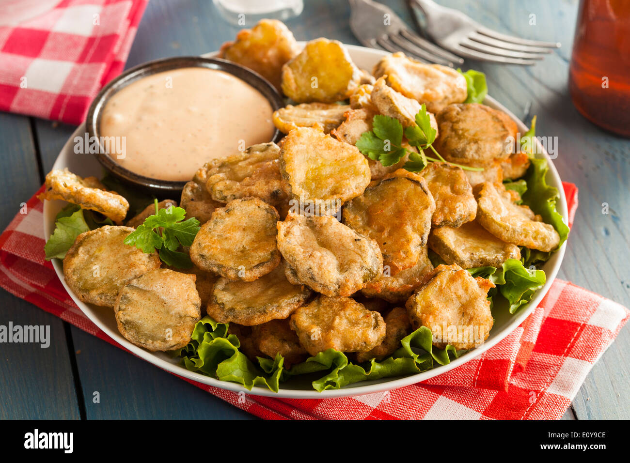 Delicious Battered Fried Pickles with Dipping Sauce Stock Photo Alamy