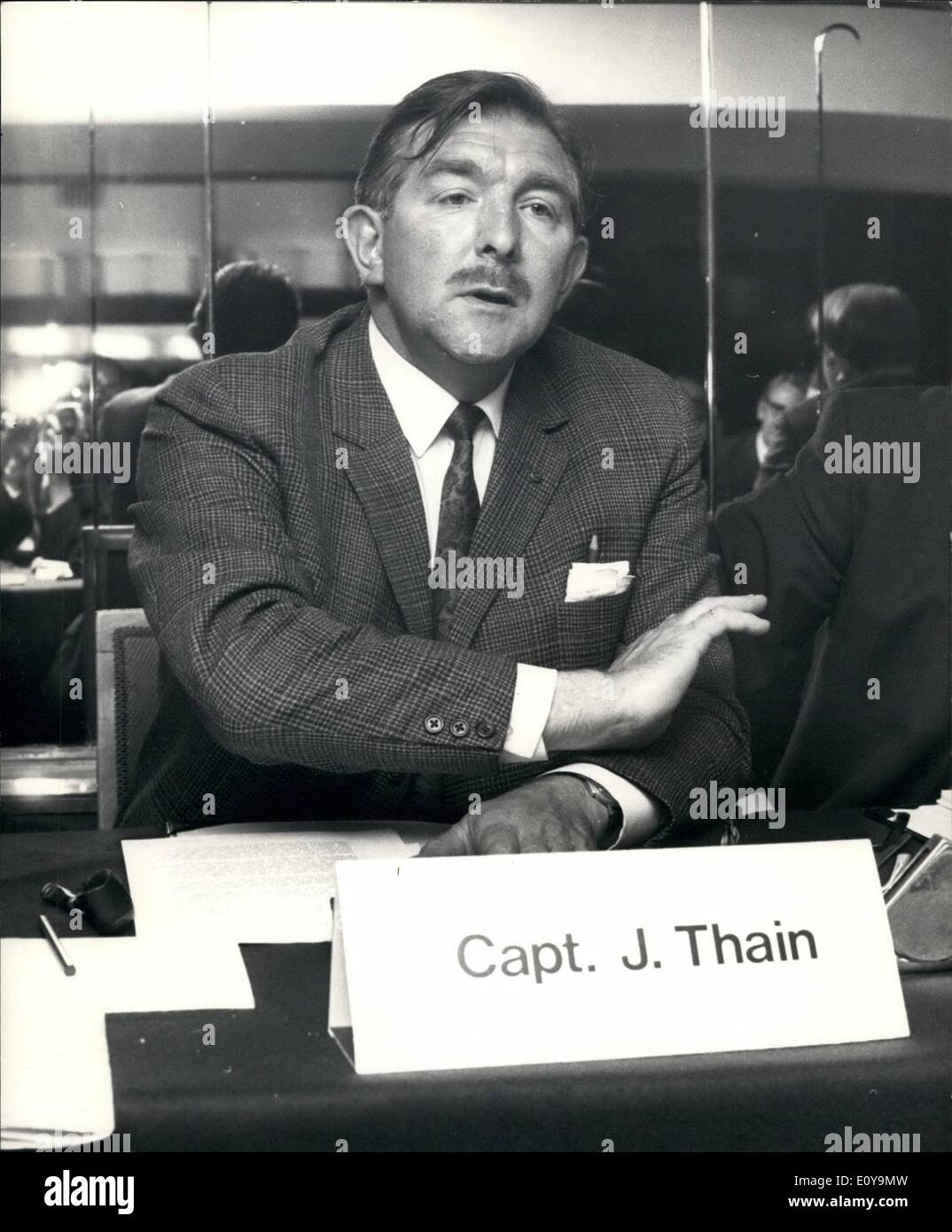 Jun. 06, 1969 - Captain Thain is cleared: Mr. William Rodgers, Minister of State, Board of Trade said that the Government accepted the findings of the report clearing Capt. Thain of blame in the Munich crash which happened 11 year ago Twenty three people died in the crash, including eight Manchester United footballers. Photo shows Captain James Thain seen during his press conference this evening at the Savoy Hotel after the British Government had cleared him of the blame in the Munich Aircrash. Stock Photo
