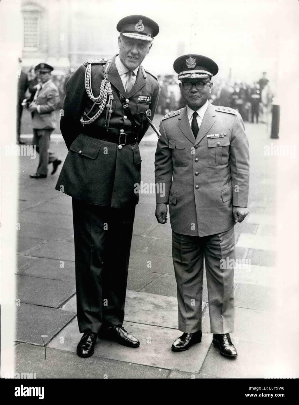 Sep. 09, 1969 - Japanese General in London: General Masao Yamada, Chief of Staff, Ground Self Defence Force, Japanese Defence Agency - this afternoon called at the Ministry of Defence, London. Photo shows General Masao Yamada is greeted by General Sir Geoffrey Baker, Chief of the General Staff, when he arrived at the Ministry of Defence today. Stock Photo
