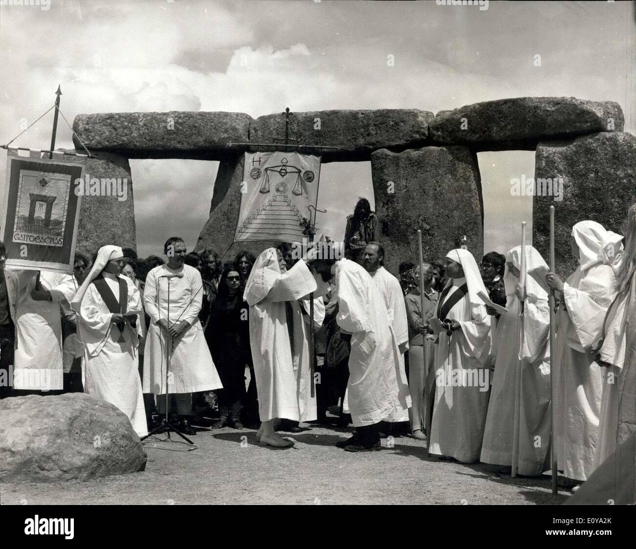 Jun. 21, 1969 - Druids hold traditional ceremony at Stonehenge: Solstice was held at Stonehenge today by the Ancient Order of the Druids. Photo shows a scene during the ceremony as is customary over the head of one of the Druids. Stock Photo