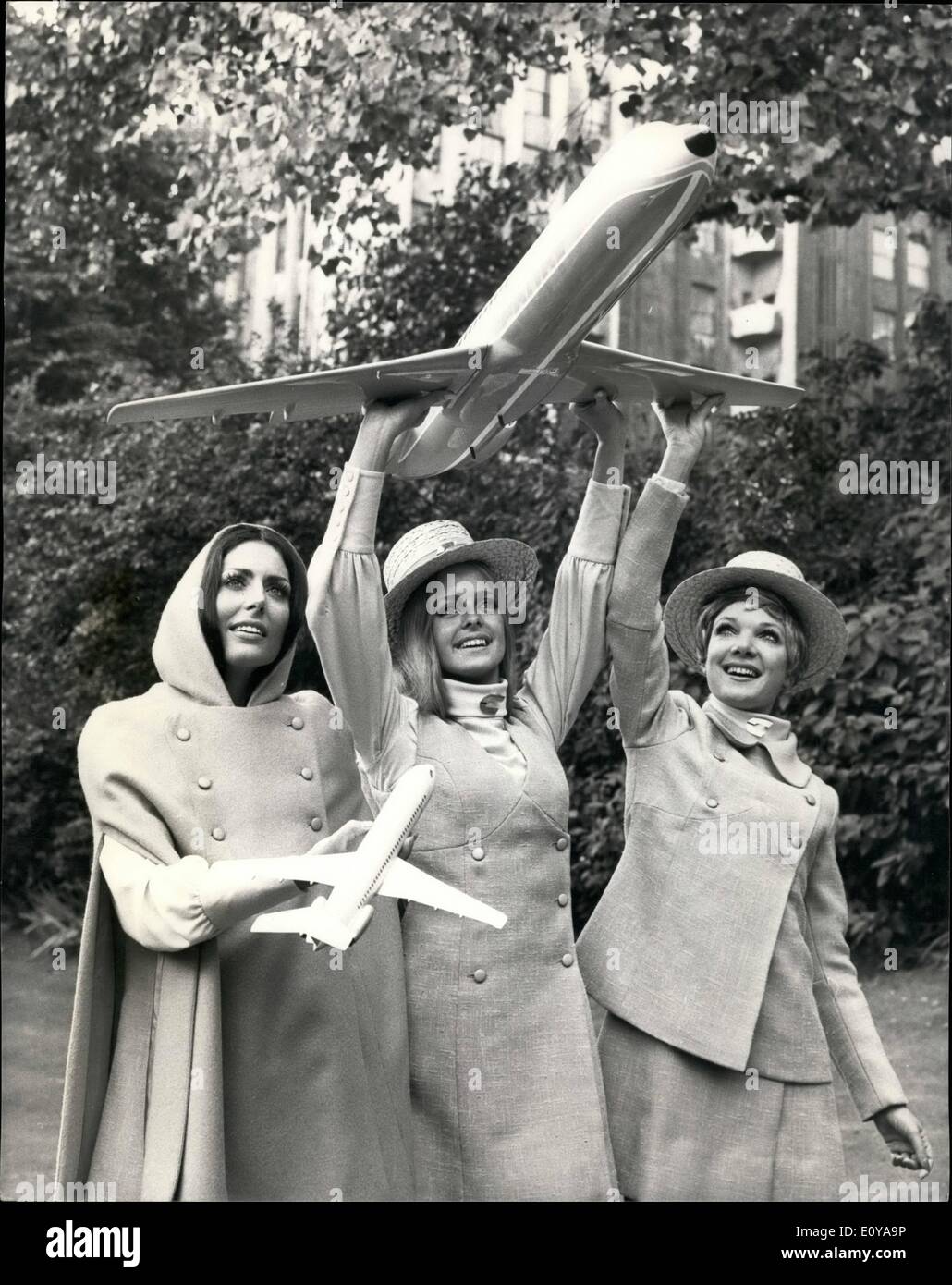 Sep. 09, 1969 - A new Airline designed entirely for Holidaymakers.: Pink, turquoise and orange airliners, will be flying in Britain's skies next year by a British independent airline. And the hostesses will wear straw boaters and uniforms in colours to match their aircraft. This new look in the skies was revealed today at a press conference by Court Line Ltd, who are the shipping firm who own Autair International. This new airline will be the first to be designed entirely for holidaymakers and will concentrate solely on holiday charter flights Stock Photo