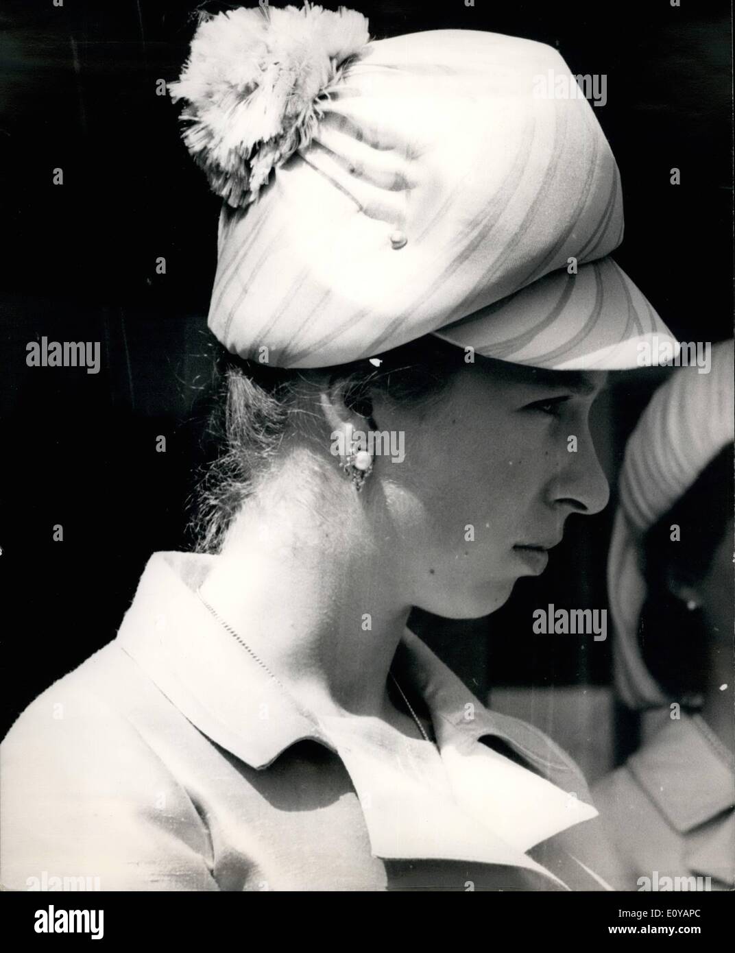 Jul. 07, 1969 - Princess Anne opens Small Animals Centre. H.R.M. Princess Anne today opened the new Small Animals Centre, run by the animal health trust - Lanwaden Park, Kennett. near Newmarket. Photo shows:- H.R.M. Princess Anne pictured in a jockey-style hat - during her visit to the Small Animals Centre today. Stock Photo