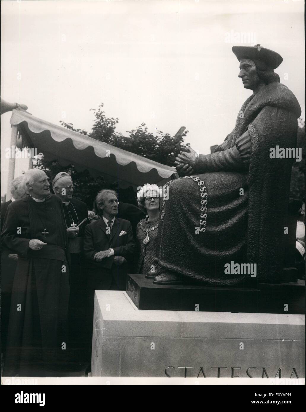 Jul. 07, 1969 - Dr. Horace King unveils statue to Thomas More in Chelsea Old Church: Dr. Horace King, Speaker of the House of Commons, today unveiled a statue to St. Thomas More, in Chelsea Old Church. Dr. Michael Ramsey, the Archbishop of Canterbury, was present at the ceremony, together with Cardinal Heeman. Photo shows Looking up at the statue of St. Thomas More after the unveiling ceremony are (L to R) Dr. Ramsay, Cardinal Heeman, Dr. Cubitt Bevis, the sculpter. Stock Photo