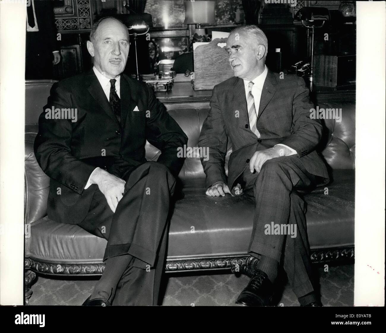 Jul. 07, 1969 - Dutch Foreign Minister Calls on Mr. Stewart - The Dutch Foreign Minister, Mr. Joseph Luns today called em Britain's Foreign Secretary, Mr. Michael Stewart,at the Foreign Office, London. Keystone Photo Shows:- Mr. Joseph Luns (left) and Mr. Michael Stewart, pictured togeather at the Foreign Office in London today. Stock Photo