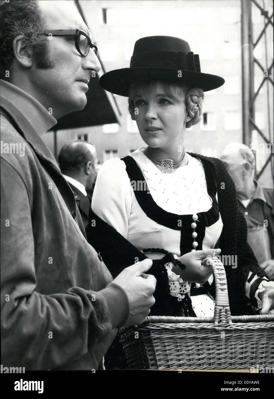 Sep. 20, 1969 - A different ''Cherub'': Gila von Weitershausen, who came to fame as a child actress, shows another side of herself here. In old Bavarian attire she looks like she has come from the countryside to get to know the big city of Munich. At the same time, an American, Lester Wilson came from across the pond in order to experience the Bavarian congeniality. As it happens, the two met every once in a while on their excursions. The ending and high point of their Munich adventure is Oktoberfest Stock Photo