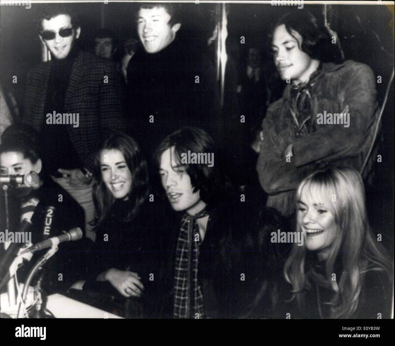 Jul. 09, 1969 - Mick Jager Holds Press Conference in Sydney After Marianne Faithful End Been Rushed to Hospital. Photo Shows:- Rolling Stone Mice Jagger Seen Giving Press Conference in Sydney after his girl friend Marine Faithfull and been rushed to hospital in a Jagger said: ''I Don't think so'' Others in the Picture are Unidentified seat of the Wed Kelly film is which Jagger is to Play the Role of the Australia folk here. Stock Photo