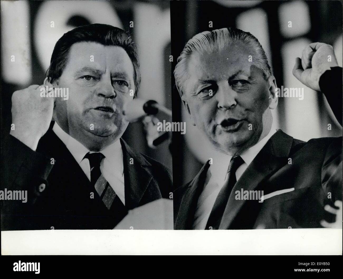 Jul. 16, 1969 - Election in Germany. The German parties began their fight on September 28, 1969. Election meetings are currently occurring in most of the major German cities. In those meetings the top officials of each of the parties, like Chancellor Kiesinger, Finance Minister Franz Josef Strauss, and SPD-chairman Willy Brandt put forth their programs. The NPD is trying this time to be successful in obtaining seats in the Bundestag. The CDU/CSU have emerged in the strongest position Stock Photo