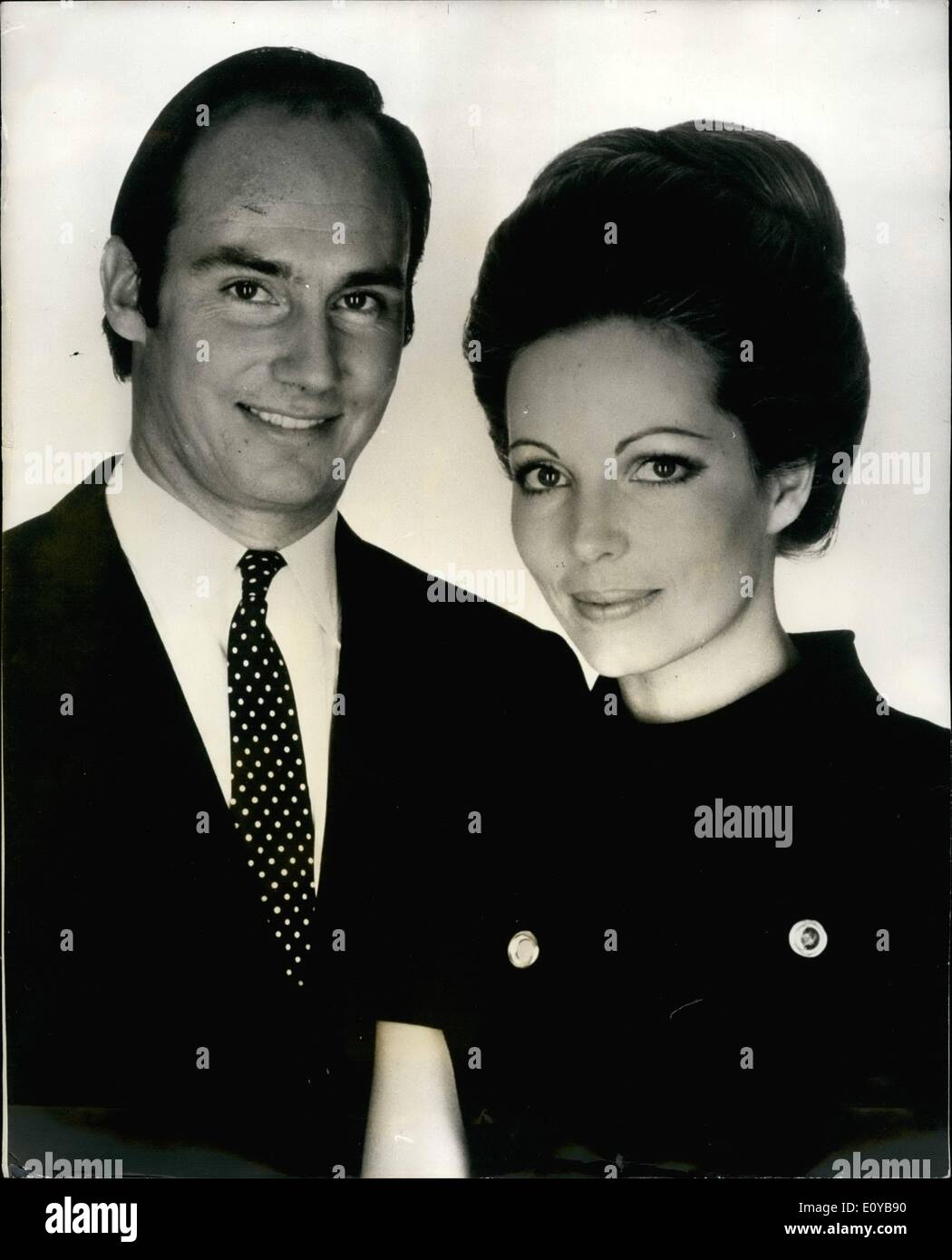 Oct. 10, 1969 - The Bride Of The Aga Khan: The Aga Khan 32-year-old Leader of 20 million Ismaili Moslemo, is to marry Lady James Crichton-Stuart, 29, who modeled under the name of Sarah Stuart in London. The wedding will probably take place in Paris of Geneva at the end of the month, she will then be known as Begun Aga Khan, she has become a Moslemo Until their marriage was dissolved in December 1967, she was the wife of Lord Jame Crichton-Stuart 33, brother of the Marquess of Bute. They had no children. In June this year she gave up her job as a 4,000-a-year fashion model Stock Photo