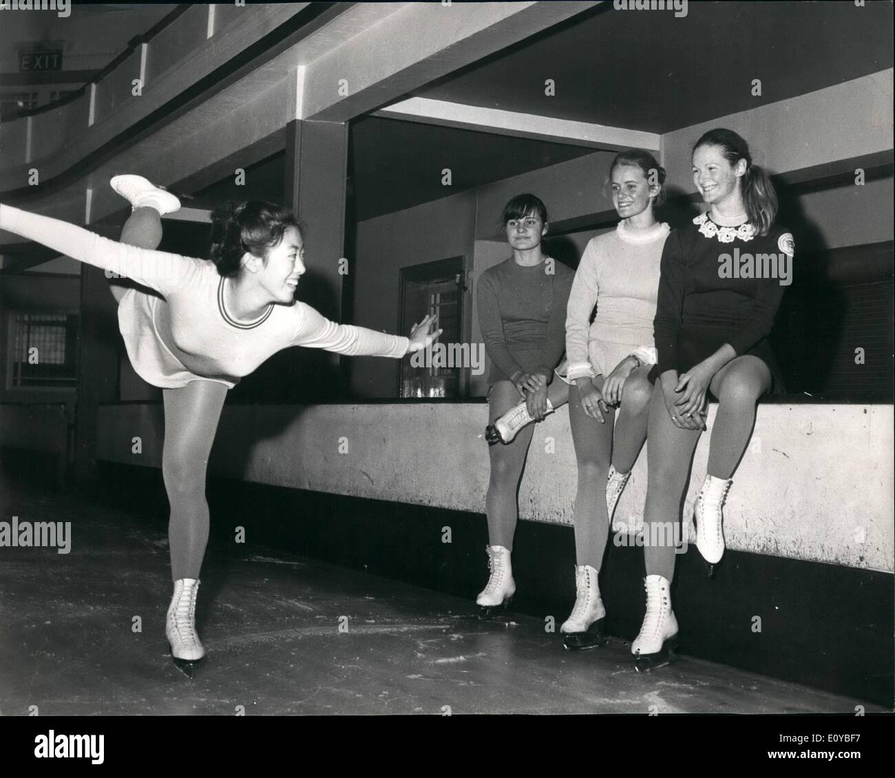 Oct. 10, 1969 - JAPANESE SKATER TO TAKE PART IN THE PRESTIGE RICHMOND INTERNATIONAL TROPHY: The first -ever Japanese ice skater, Miss Kazumi Yamashita, of Tokyo, is among the 24 competitors from eleven different countries taking part in the Prestige Richmond International Trophy which takes place at the Richmond ice risk on November 3rd. Photo shows 17 year old Miss Kazumi Yamashita from Tokyo sails past L-R Marlis Eicher of Switzerland, Lia Boes of Holland and British Champion Pat Dodds, at the start of practice this morning. Stock Photo