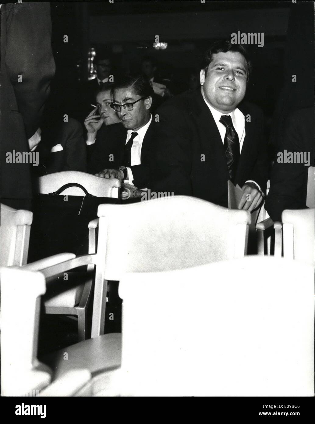 Oct. 10, 1969 - Uproar At Meeting Of Pergmon Press Shareholders At The Connaught Rooms: As Mr. Robert Maxwell, Labour MP and Chairman of Porgam,en Press was about open the meeeting of shareholders who were their to decide whether Mr. Saul Steineberg's Lease team should take over management central of Proamen from Mr. Maxwell, four men jump onto the Platform and one of them a solietoer,. tried to speak the meeting. After a few minutes he left the platform as the microphones went dead and the shareholders were chanting and hand-clappio with his three Colleagues. Photo Shows Mr Stock Photo