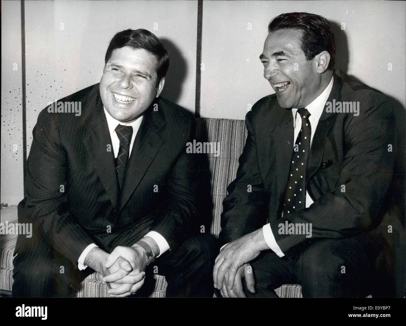 Aug. 08, 1969 - American Firm Drops 5M. Bid for Pergamon Press. Leasco Data Processing has withdrawn its proposed 5 million offer for Mr. Robert Maxwell's publishing group Pergamon Press. The city take over panel last night asked the Stock Exchange to consider the suspension of dealing in Pergamon shares pending clarification of the reason for Leasco's withdrawal. Leasco's a 50 million American computer and financial services organisation, whose boss is Mr. Saul Steinberg. Photo Shows: Mr. Robert Maxwell (right) with Mr. Saul Steinberg - a picture taken last June. Stock Photo