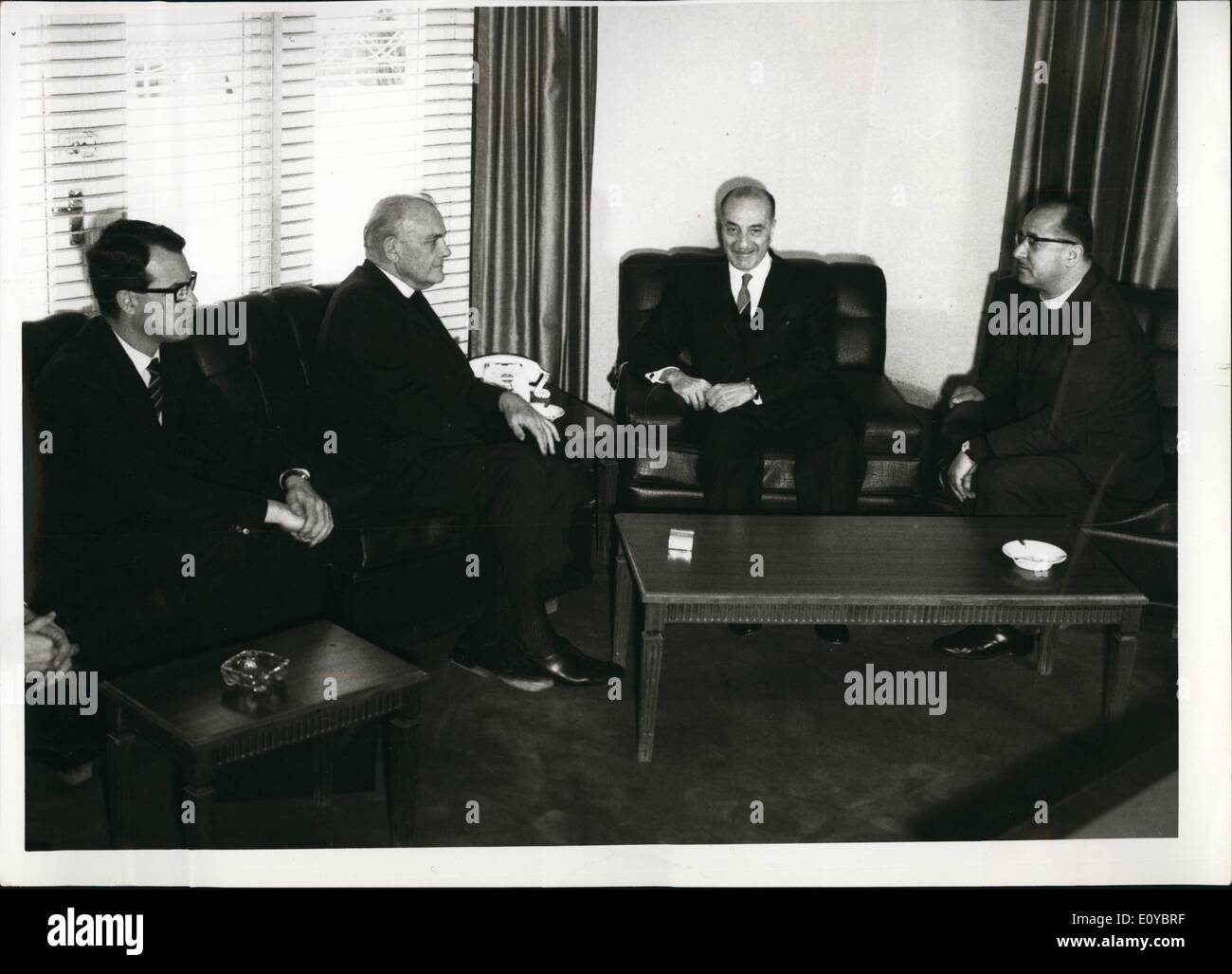 Aug. 08, 1969 - Jordanian Premier Bahjat Talhouni and on his right hand side Dr. Blake Secretary General of the World Council of Churches and members of the delegation accompanying Dr. Blake. Stock Photo