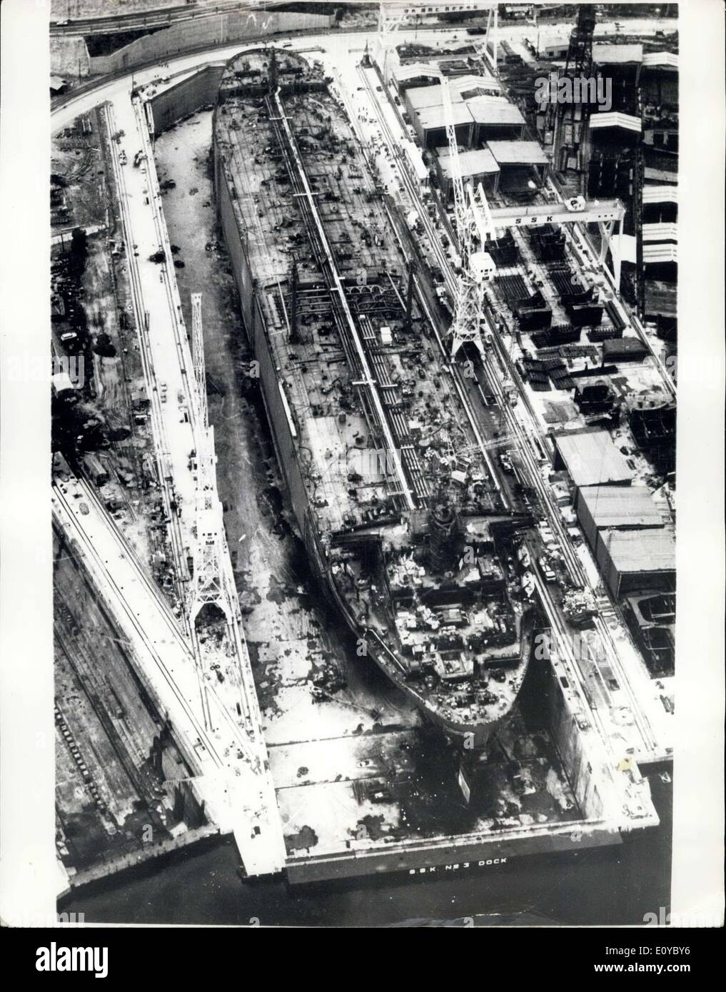 Oct. 20, 1969 - Mammoth Japanese Dock: An aerial view of the 400,000 DWT repair dock in operation at the Sadebo Heavy Idustries, and can accommodate the giant tankers now afloat. The dock 370 metres long, 70 metres wide and 15 metres deep, can be flooded in 2.5 hours. The dock gates are bottom-hinged falling by gravity, and rising by power drive wire ropes. Stock Photo