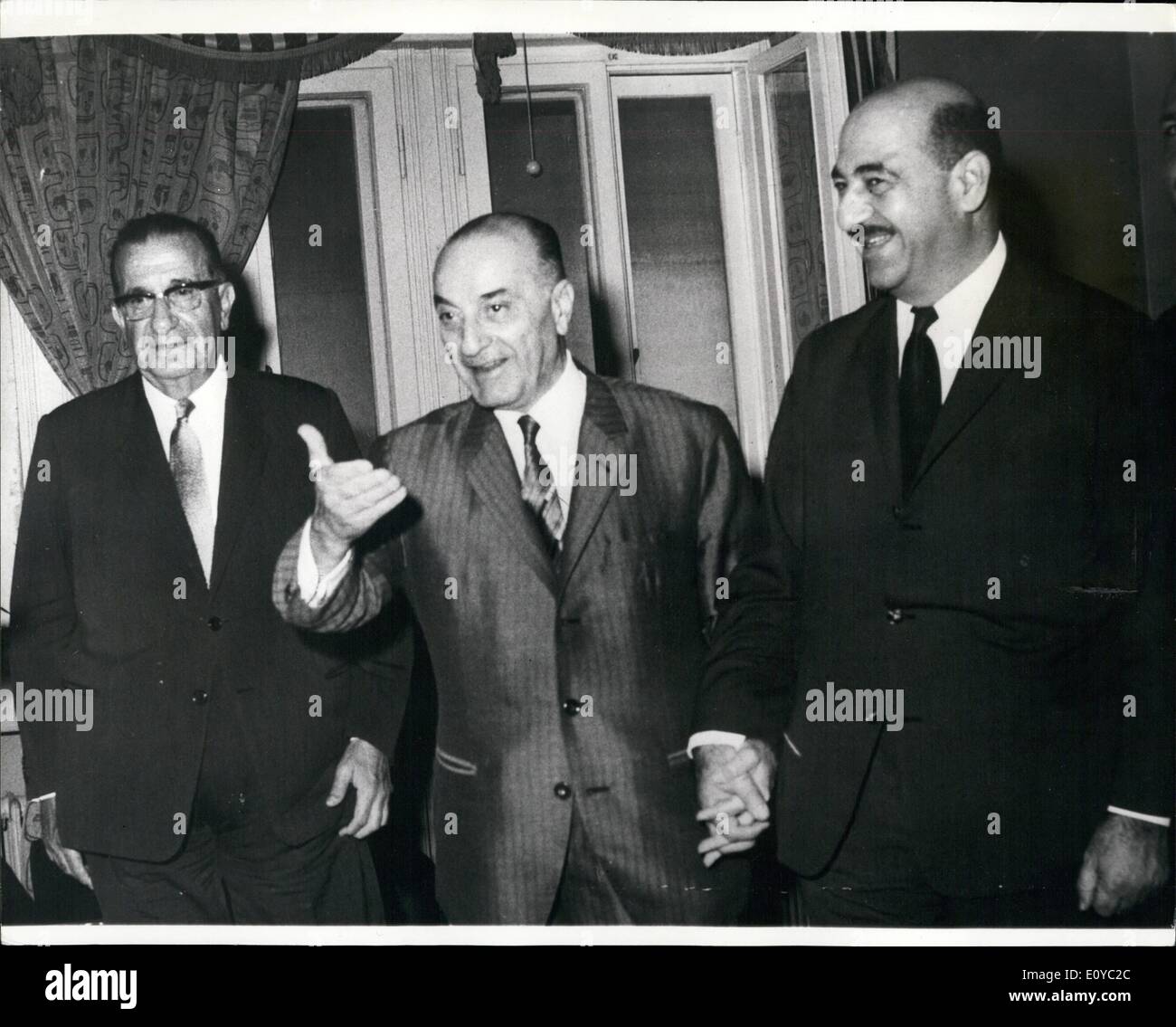 Aug. 08, 1969 - Tension In The Middle East.: There is considerable diplomatic activity in the Middle East countries owing to increasing incidents. Photo shows The Jordanian Prime Minister, Bahjat Talhouni, seen welcoming Dr. Hassan Sabri El-Kholi, (right), the personal envoy of President Naeces, and the Lebanese Foreign Minister, Yousef Salem (left). Dr. Kholi had previously delivered to King Hussein a message from President Nasser. Stock Photo