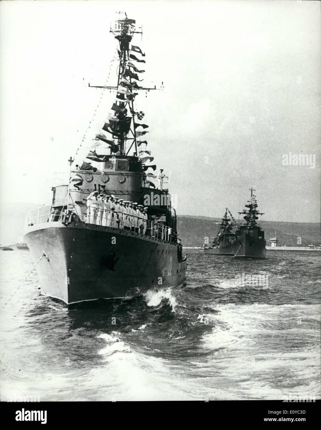 Aug. 08, 1969 - Day of the Bulgarian Navy.: Great celebrations took place in Varna on the occasion of the Day of the Bulgarian Navy. Soviet warships, headed by the cruiser ''Dzerzhiinski'' took part in the celebrations. Photo shows: Scene during the naval review during the celebrations marking the Day of the Bulgarian Navy. Stock Photo