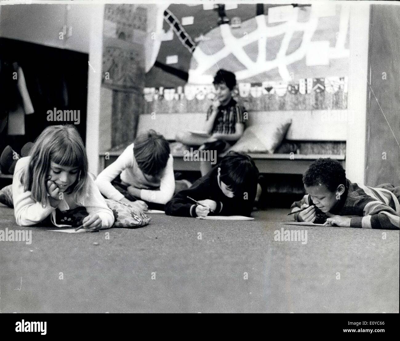 Oct. 27, 1969 - School With Fitted Carpets The new Inner London Education Authority primary school, Prior Weston, which will serve the City's great Barbican development, was formally opened today by Alderman Sir Peter Studd, a former Sheriff of the City of London. Prior Weston is built on the open plan - modified however so that teachers can curtain off some areas for quiet group activities. For the 5-7 year olds there are three teaching areas with an enclosed play-space giving on to the assembly hall Stock Photo