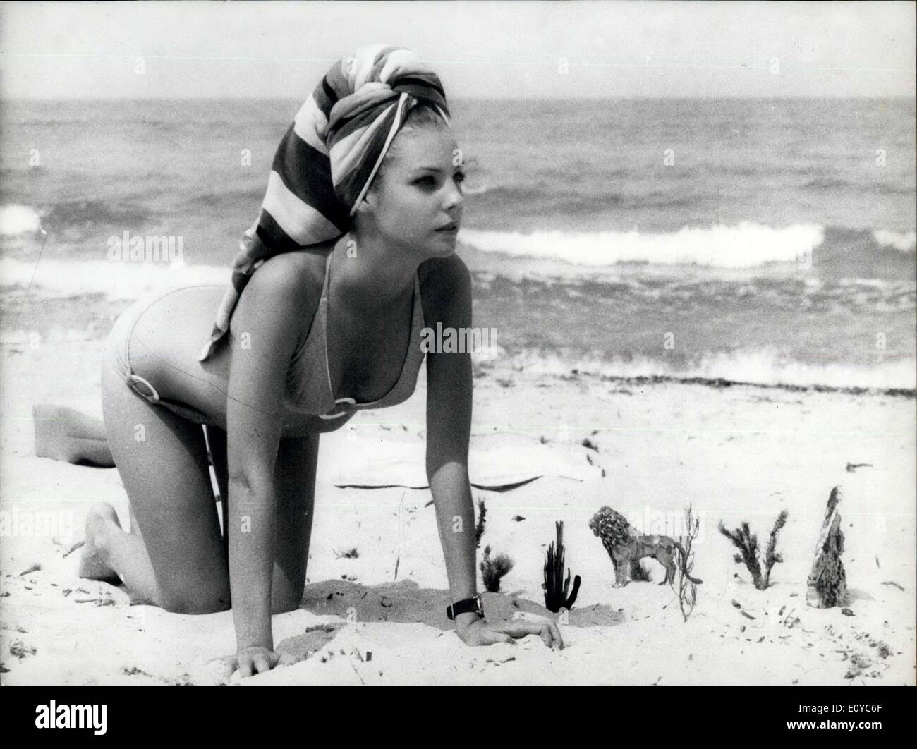 Oct. 28, 1969 - Teenage Starlet In ''Se Lily'' Sixteen-Year-Old Carole Andre Co-Stars With The Swimmer-Tuned-Actress Christine Caron In The Film ''The Sea Lily'' Now In The Making In Sardinia. Photo shows Carole Andre Pictured In A Scene On A Beach. Stock Photo