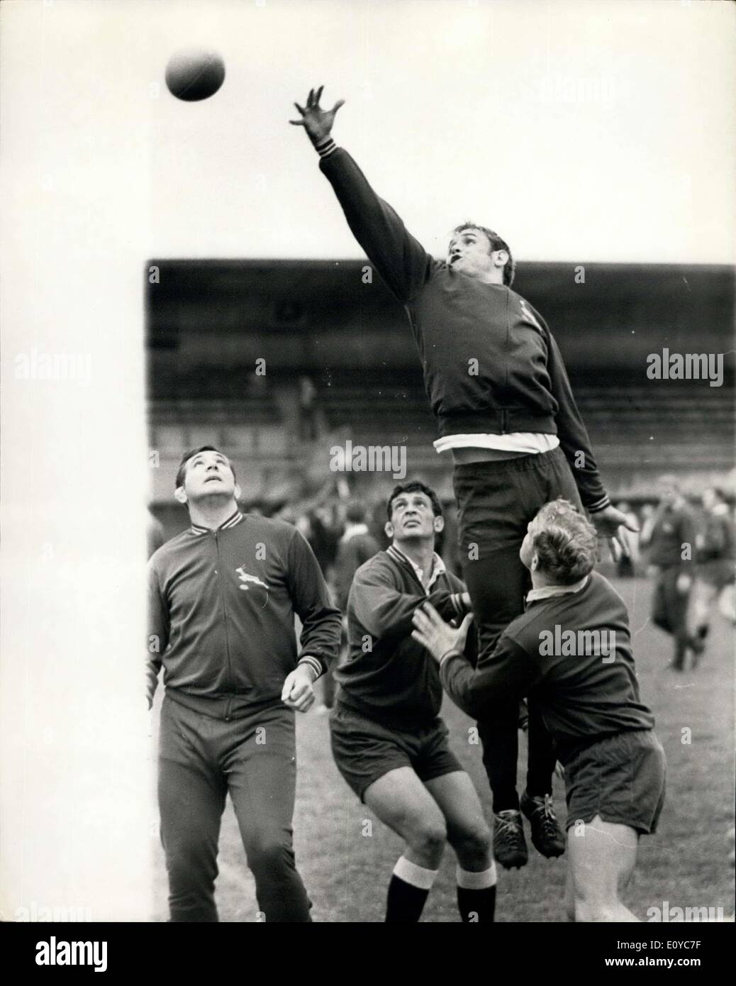 Oct. 31, 1969 - Springboks train at Richmond: The South African rugby touring team were training today at Old Deer Park, Richmond . Photo shows some of the South African players practicing a line out during training today. Stock Photo