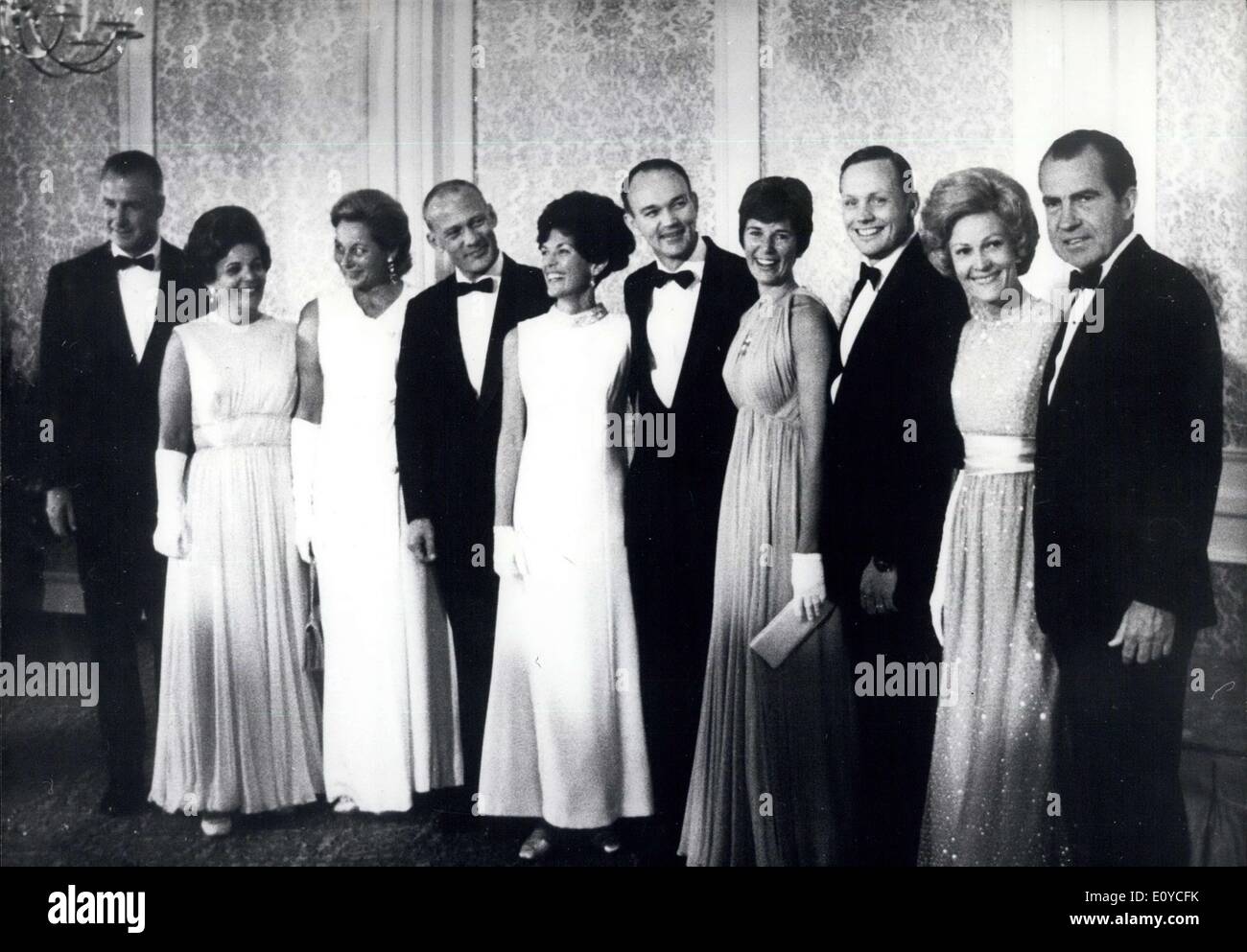 Aug. 18, 1969 - State Dinner Finery: The glittering line of the to VIP's at President Nixon's big bash at the Century Plaza astronauts. L-R are: Vice President and Mrs. Edwin Aldrin; Astronaut and Mrs. Michael Collins; Astronaut and Mrs. Neil Armstrong and president and Mrs. Nixon. Stock Photo
