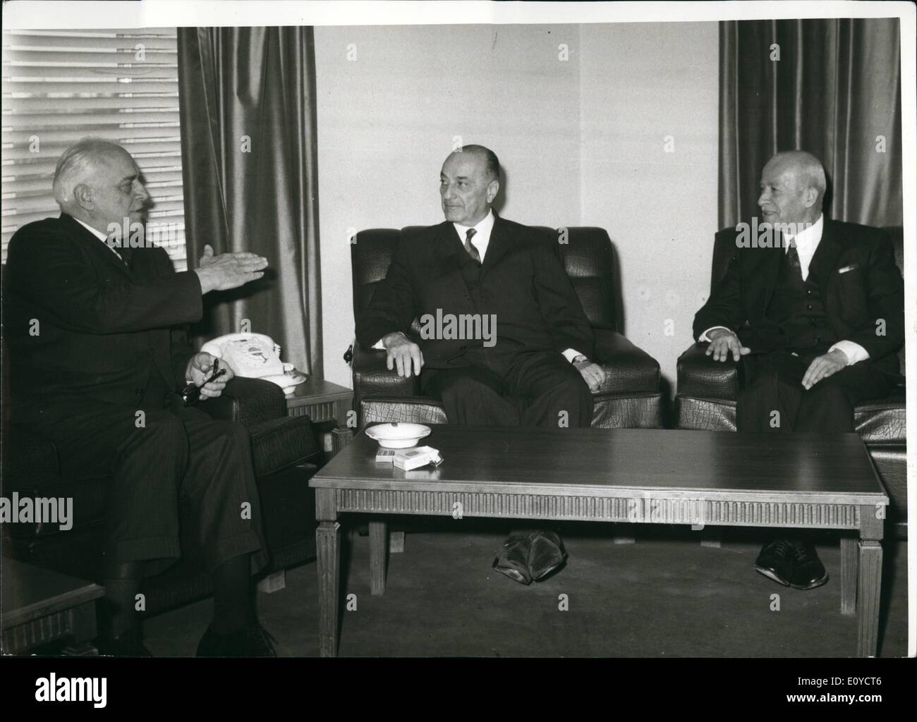 Nov. 11, 1969 - Jordanian Premier Mr. Bahjat Talhouni (middle) during a meeting with Mr. Davies director of the middle East American Association for refugee a fairs (left side) The meeting attended by deputy premier Mr. Ahmad Touqan (right) Stock Photo