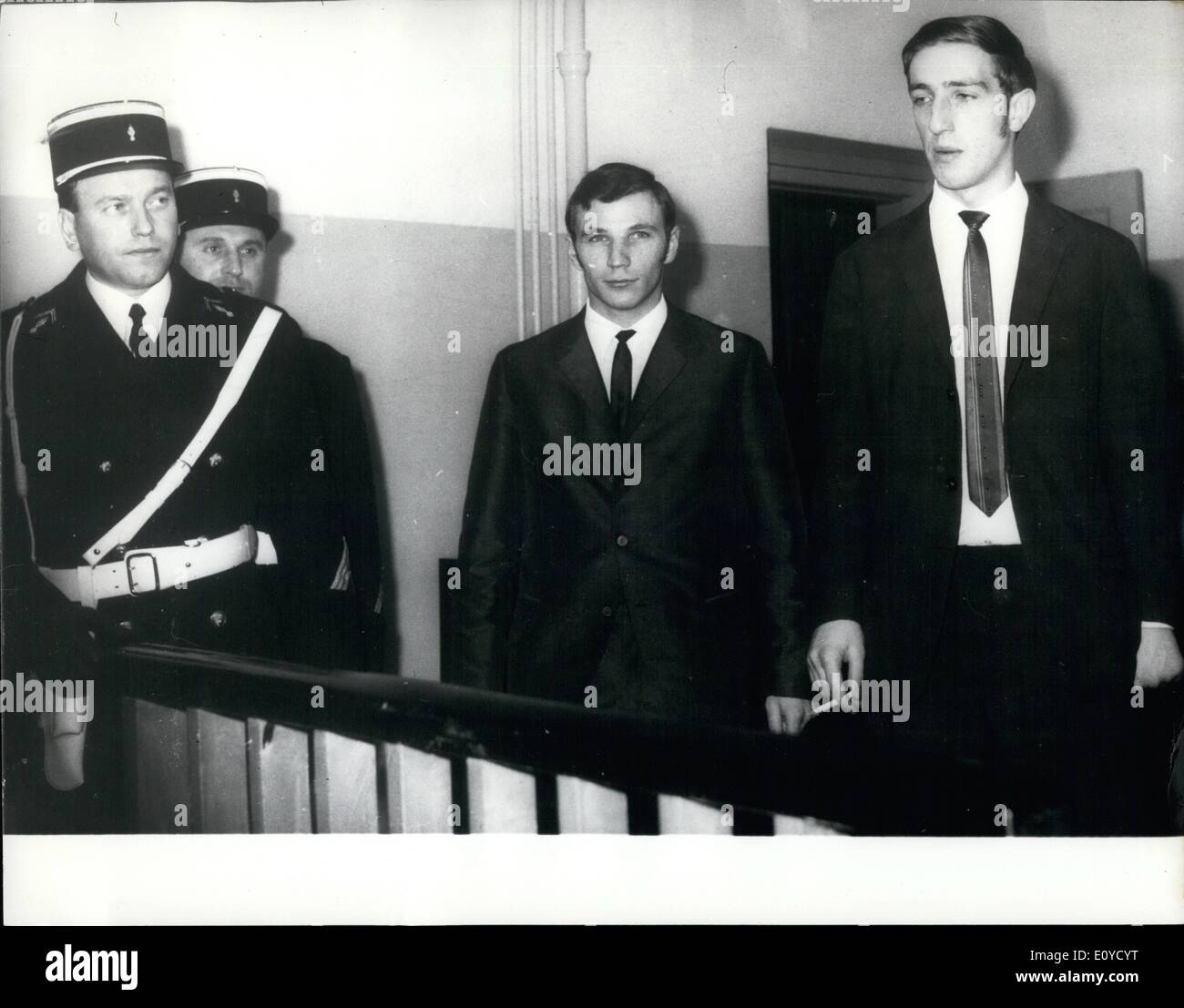 Nov. 11, 1969 - East German skyjackers Get Two Years Gaol. Ulrich Juergen von Hof, 19, and Peter Klemt (right), 24, two East Germans, standing before a French military tribunal in West Berlin, which sentenced them each to two years imprisonement for sjyjacking a Polish Ilyushin airliner and forcing int to fly to West Berlin last month. Stock Photo
