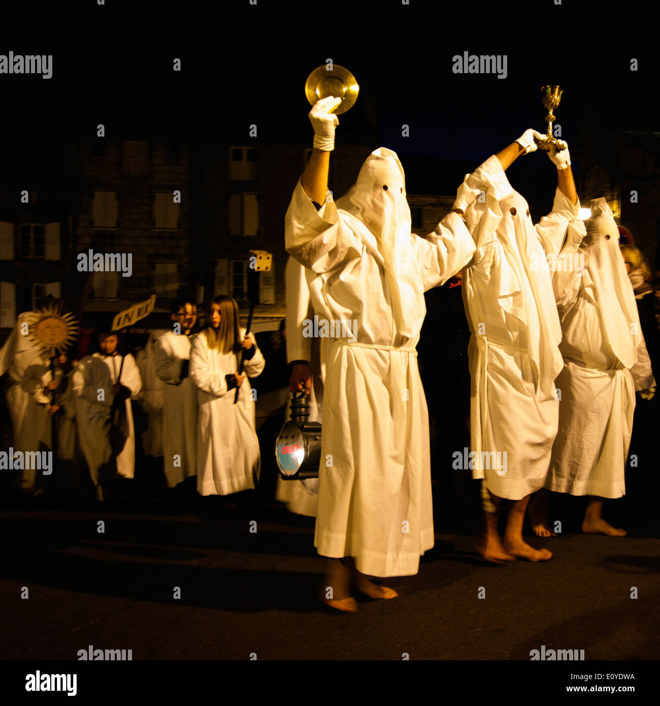 Penitents parade through the streets on Maundy Thursday in Saugues, Haute-Loire, Auvergne, France Stock Photo
