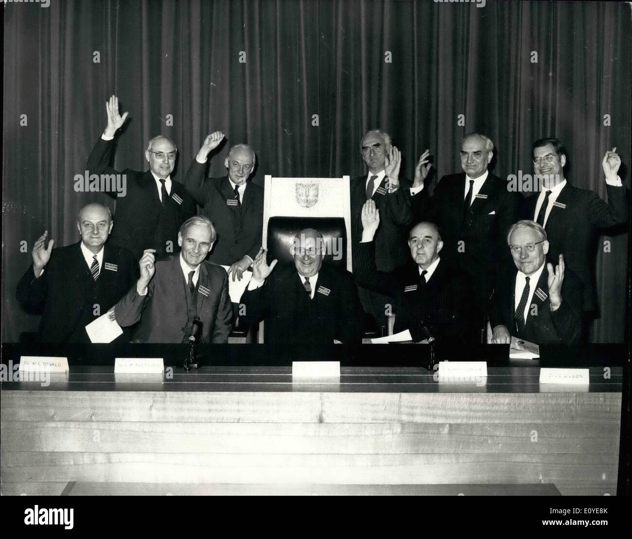 Jan. 01, 1970 - Smoking Report Press Conference At Royal College Of Physician. The y Set An Example: Lord Rosenheim, President of the Royal College of Physicians of London, today presented the College Retort ''Smoking and Health Now''. Photo Shows Members of the Report Committee, when asked at today's Press Conference which of them had given up smoking cigarette - they all raised their hands. (L to R - Back Row: Dr. J.G. Scadding; Sir Francis Avery Jones; Dr. P.J. Lawther; Dr. D.D. Reid; Dr. L.H. Capel (L to R - Front Row): Dr. N.C. Oswald; Dr. C.M Stock Photo