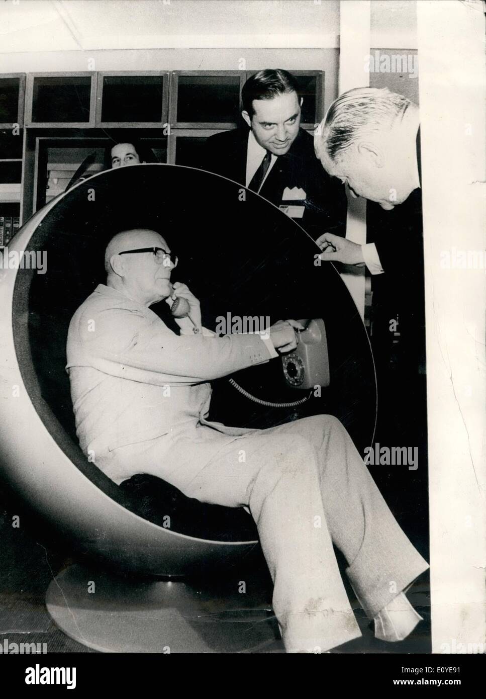 Jan. 01, 1970 - President Kekkonen in an ''Eggshell'': Mr. Ursho Kekkonen, President of Finland, trying out one of the latest creations of the Lahti Furtniture Factory Asko. Photo shows President Kekkonen is seen using the phone which is fitted in the Eggshell. Stock Photo