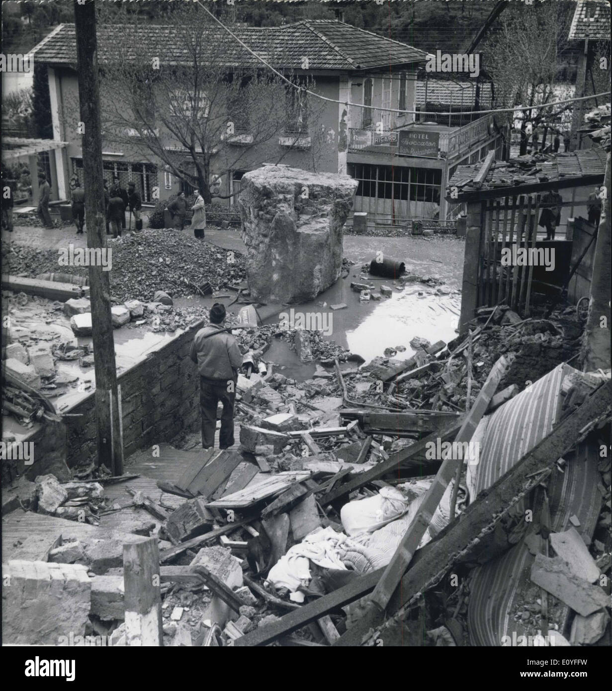 Jan. 1, 1970 - Catastrophic Landslip at 25 km from Nice: An important Land-Slide ocurred at Plan-Du-Var early in the morning and due to the heavy rains. Blocs of Rocs and Barts fell upon the houses situated on the Highway N 202.Houses and cars where damaged and reports signal 2 death-cases and two wounded ones. Photo Shows A Vieuw of the Catastrophe Stock Photo