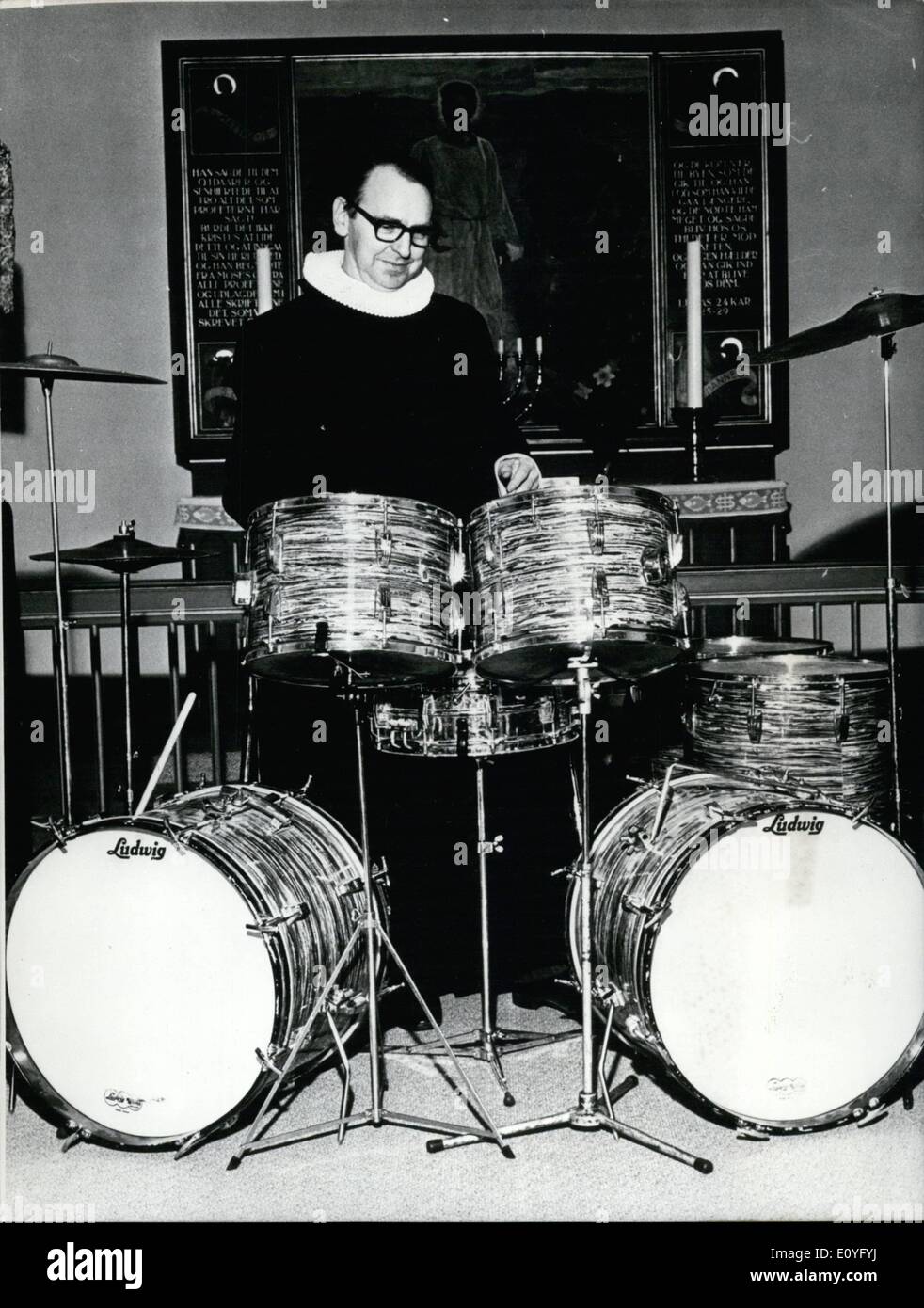 Apr. 04, 1970 - Beat in the Church: Music express feeling which can lead into a religious direction, say Danish Priest Laust Kristensen, Ejby, on the island Fyn. He was short time ago, by service. The service should include participation of a beat-orchester, named ''Blues Syndicate''. Laust Kristensen said yes, and an unsual church service were held last night,in Ejby Church Stock Photo