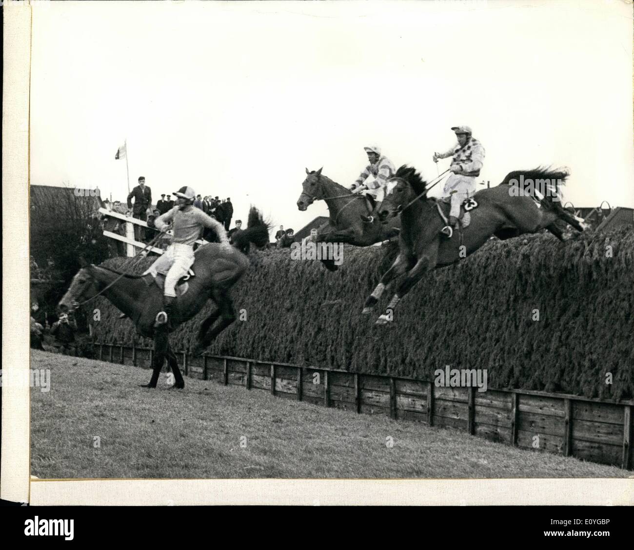 Apr. 04, 1970 - Gay trip win the Grand National: Gay Trip ridden by Pat Taaffe won the 1970 Grand National at Aintree today. 2nd was Valture ridden by S. Barher and 3rd Miss Hunter ridden by F. Shortt. Photo shows last time found at Beeches Brook. L-R Villay ridden by Mr D Scott, who fell at the 28 fence, in center is the winner Gay Trip ridden by Pat Taaffe and Miss Hunter ridden by F Shortt who finished 3rd. Stock Photo
