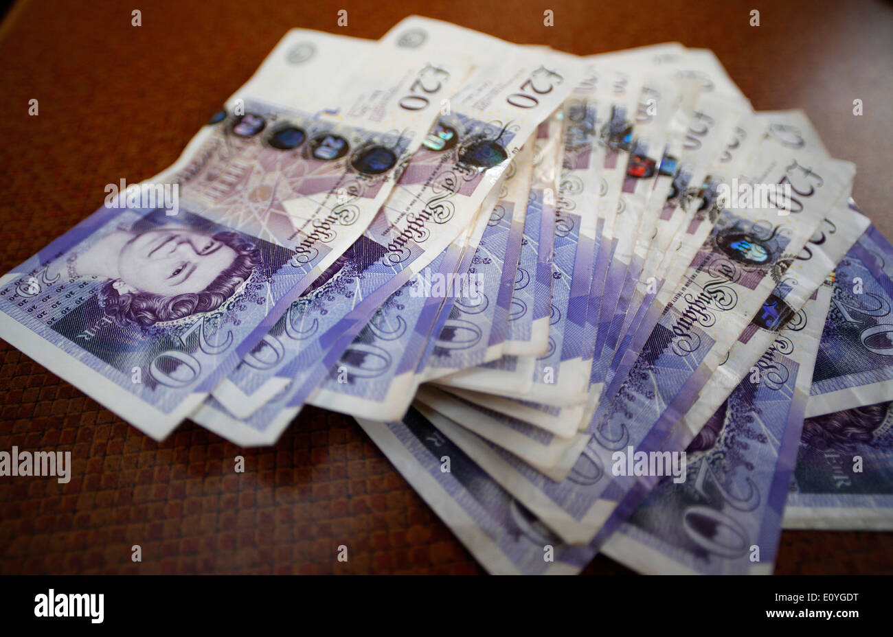 5000 pound bundle of twenty pound notes. Stock Photo