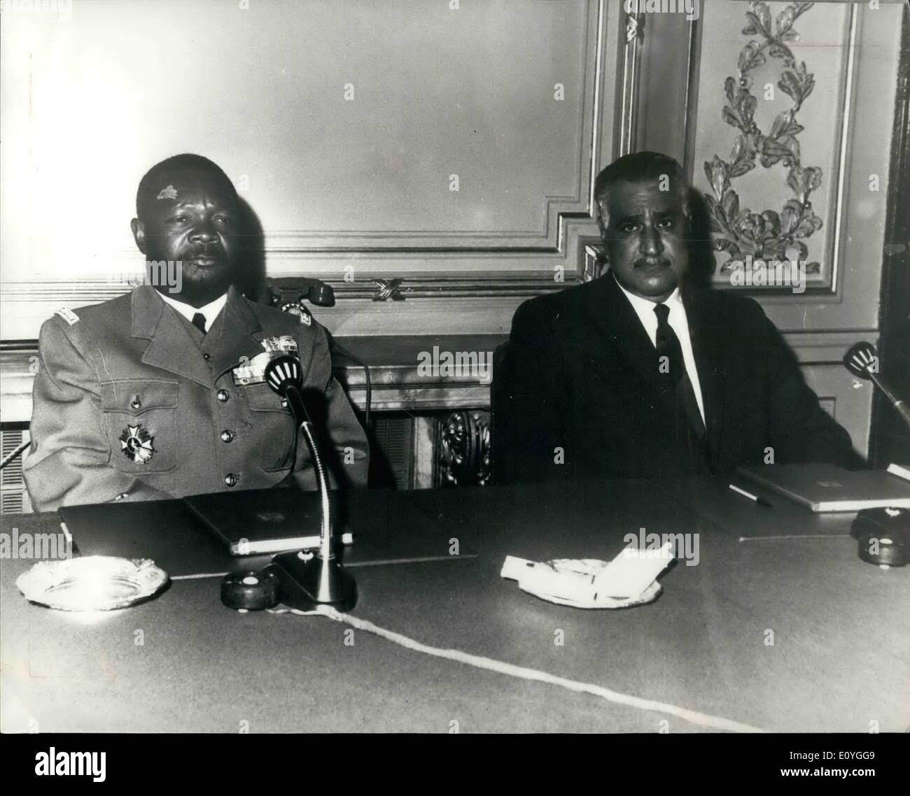 Apr. 14, 1970 - April 14th 1970 President Bokassa of Central African Republic on visit to Cairo. President Jean-Bedel Bokassa of the Central African Republic, pictured on left, with President Nasser, at Kobbah Palace, Cairo, last Thursday, when formal talks were held between them on the Middle East crisis and bilateral ties. President Bokassa was on a several days visit to Cairo. Stock Photo