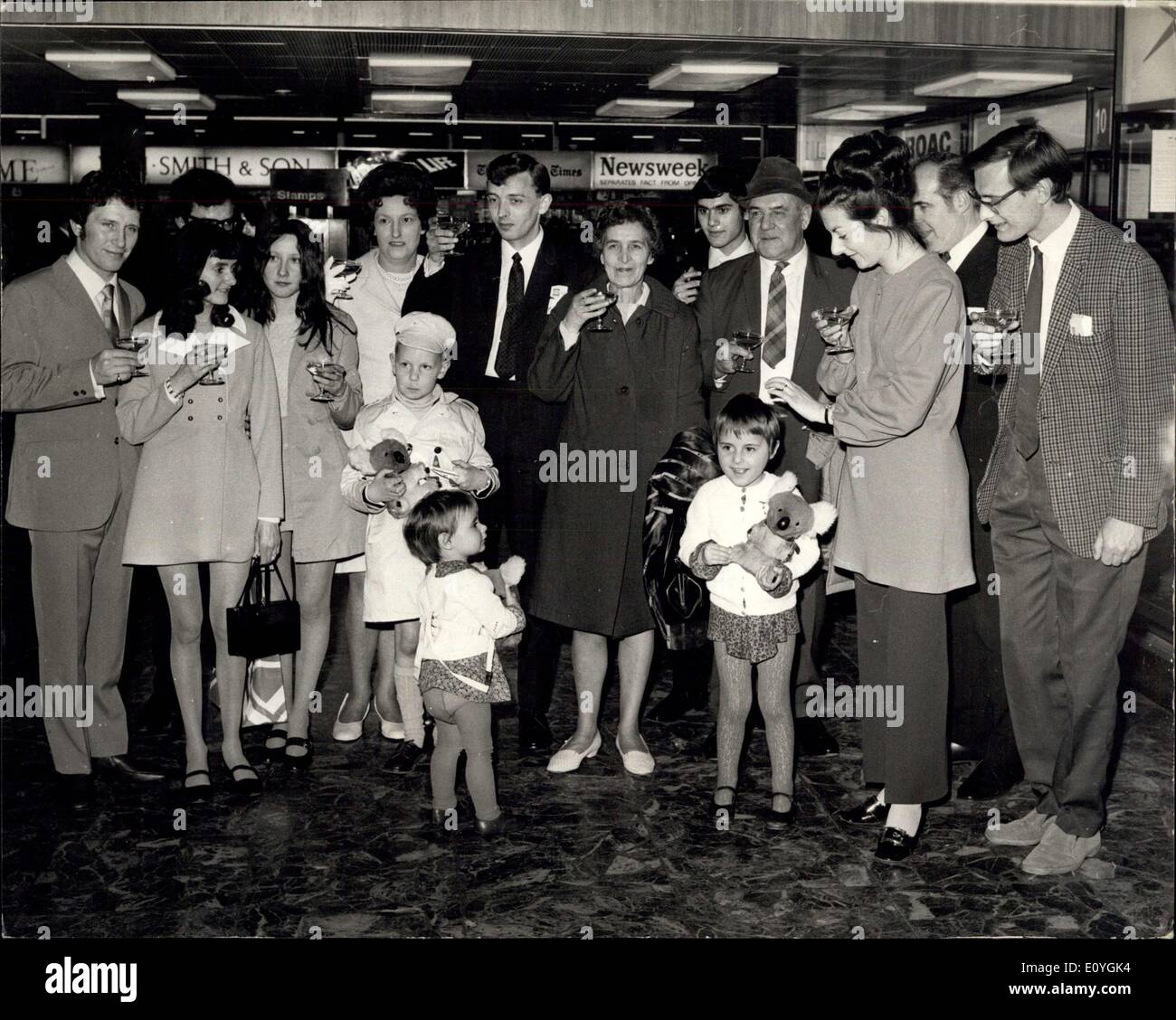 Apr. 27, 1970 - Who Cooked This One Up: 16 Emigrants With The Same Name Fly To Australia. Sixteen British migrants flying to Australia got a champagne send-off today from London - Airport - just because they have the same name. The and coincidence should also ensure a special welcome when they arrive in Sydney, exactly 200 years after their famous namesake Captain James Cook. The emigrants, all named cook or cooke, will land at Sydney's international airport within sight of Botany Bay where Captain Cook first landed in Australia on April 29. 1770. The 13,000 mile trip in B.O.A.C Stock Photo