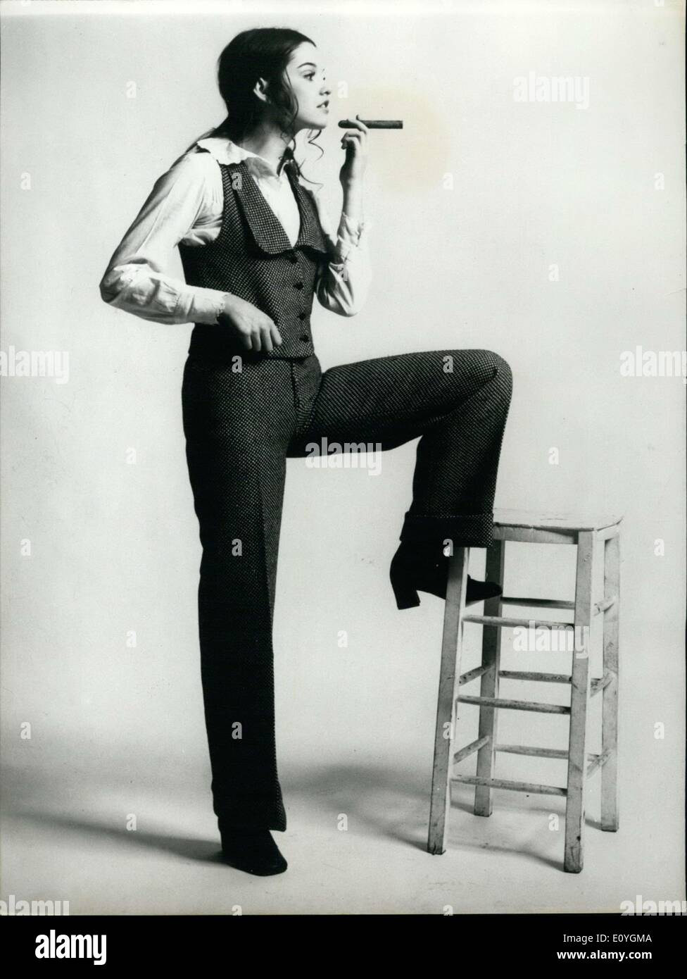May 01, 1970 - Berluc designed this ensemble called ''Canaillou'' in caviar black and white wool for his 1970-71 fall and winter collection. Stock Photo