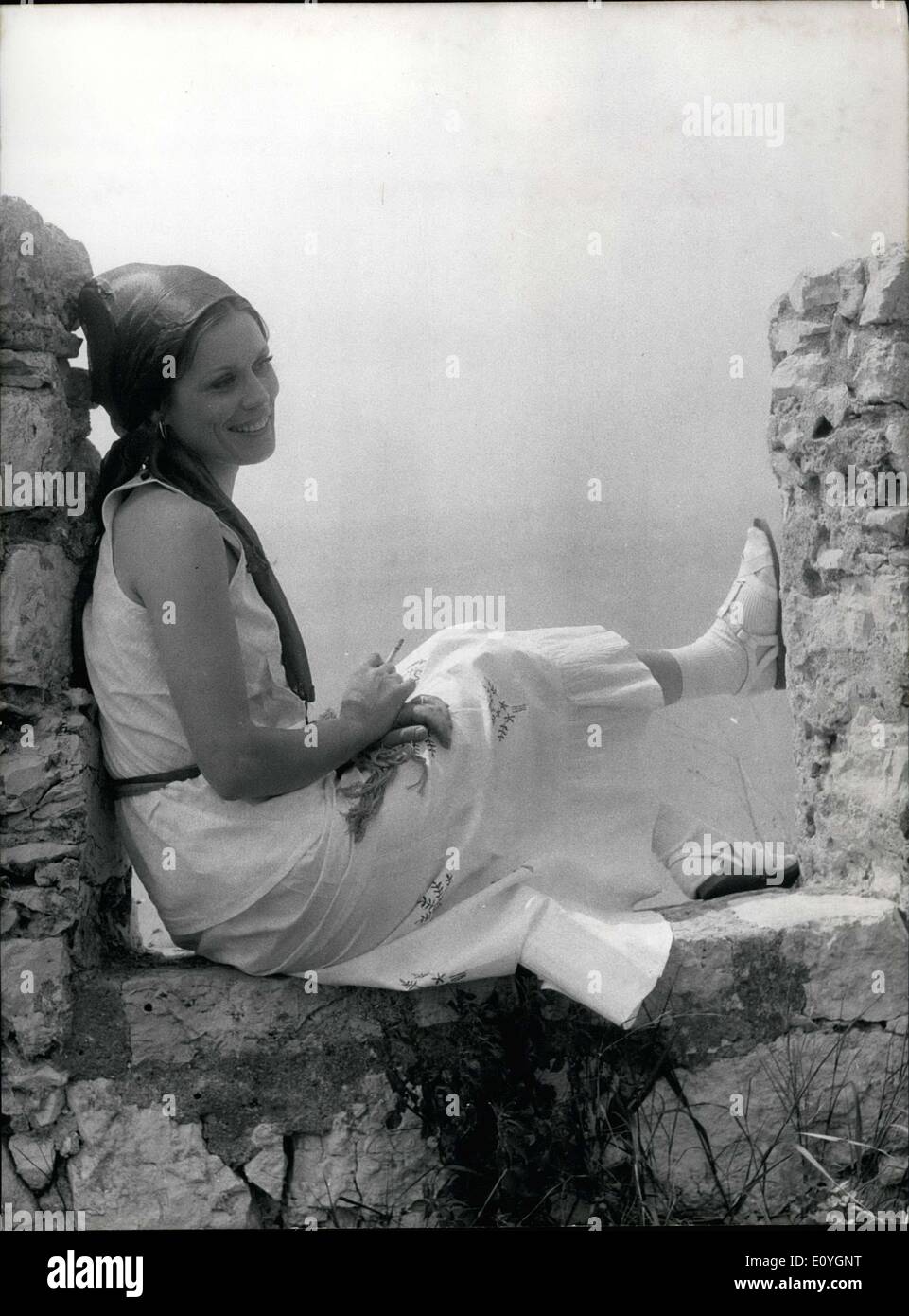 May 05, 1970 - The 23rd International Film Festival is underway in Cannes right now. A galaxy of stars are there, some more famous than others, but all of whom are as charming as the pretty Marthe Keller who is seen here enjoying the coastal sun on the Lerins Islands walls. Stock Photo