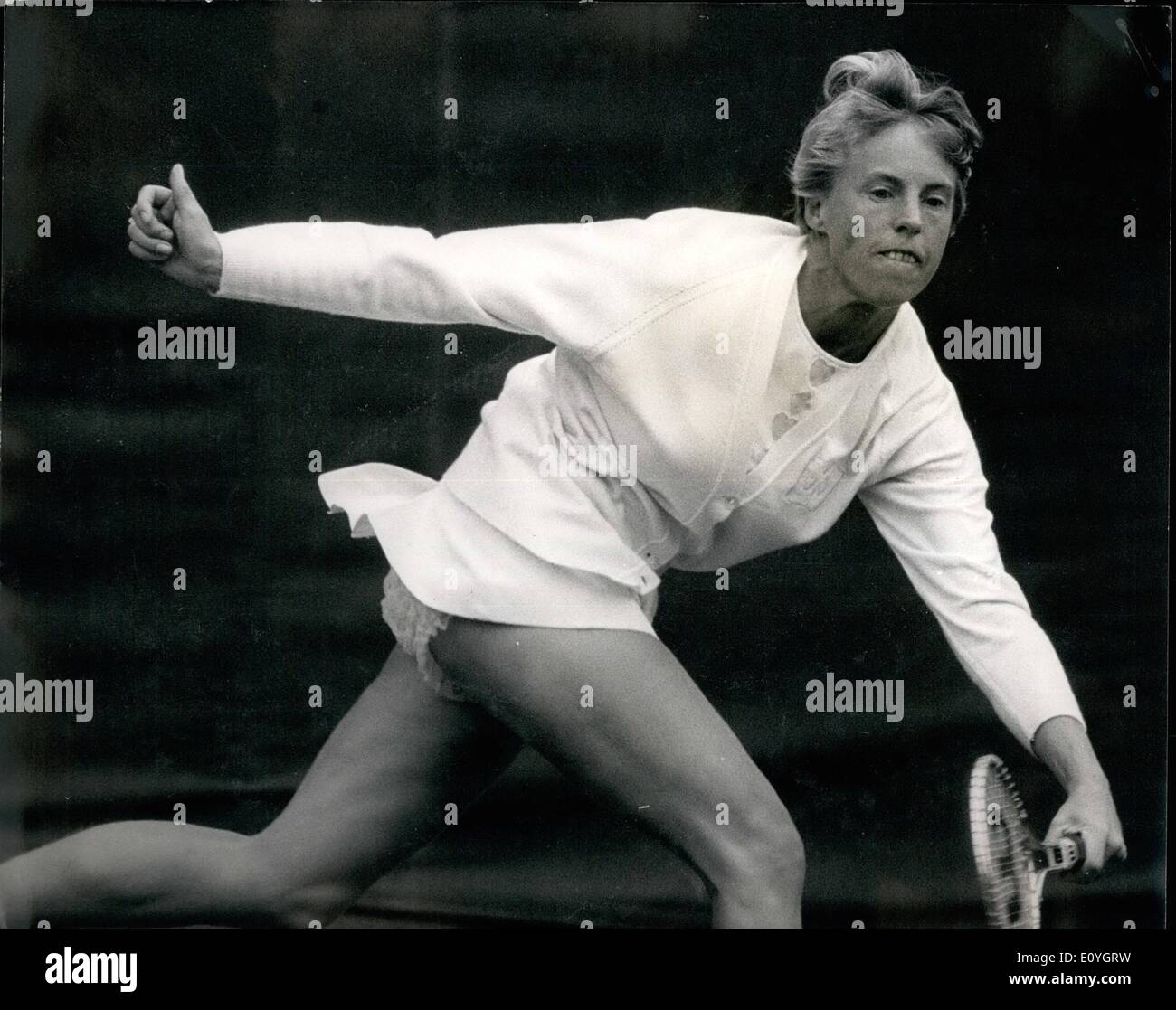 May 05, 1970 - Bio-Strath London hard court Tennis Championships at Hurlingham-Anne Jones wins Semi-final: Photo shows Anne Jones (GB) seen in a play against Evonne Goolagong (Australia) in the semifinal. Anne won after a three set struggle. Stock Photo