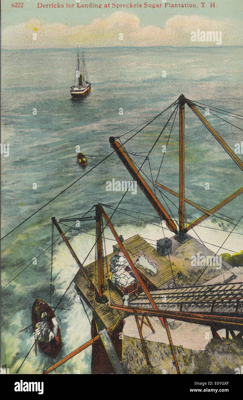 This early 20th-century postcard image shows derricks for landing cargo ...