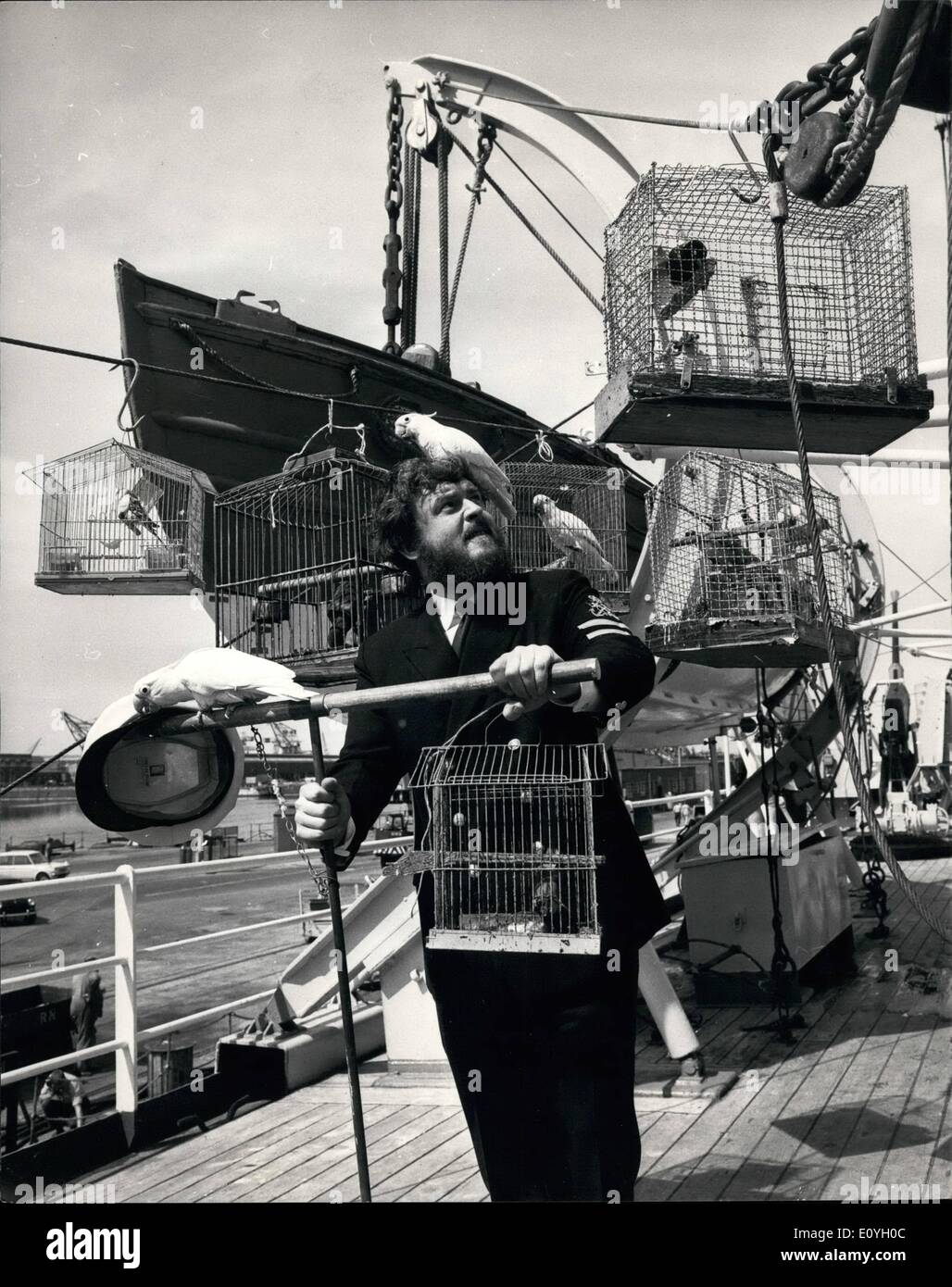 May 05, 1970 - Exotic Birds on Board: The Fleet Supply ship HMS Herryhead returned to Portsmouth from Singapore this morning, and seen on board is P.O. Cook John Seth Weaver, 31, with 9 Exotic Birds from a Cockatoo to a Glossy Starling, to add to his collection of over 120 birds at 135, Alexandra Rd, Ford, Plymouth. Stock Photo