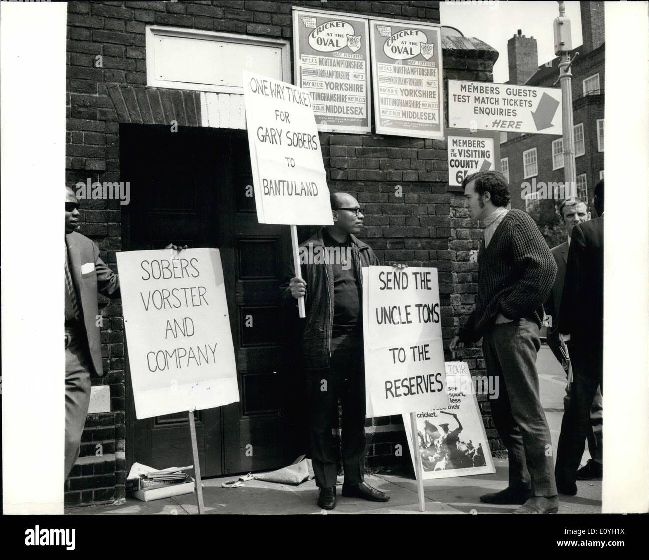 May 05, 1970 - Demonstration at the Oval.: West Indian cricketers playing for English countries will be 'pilloried' if they refuse to support calls to stop the South African tour, the West Indian Campaign against Apartheid cricket said yesterday.. The campaign has had only five replies to 30 letters sent to all West Indian and Asian players in Britain urging them to refuse to help the promotion of the tour by publicly declaring they would Sobers and three other coloured players in the Nottinghamshire team was held at the oval today, where Notts play Surrey Stock Photo