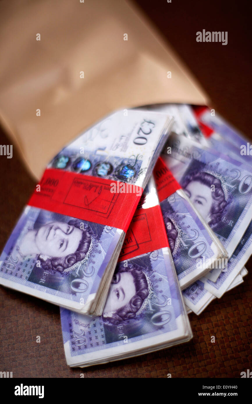 5000 pound bundle of twenty pound notes. Stock Photo