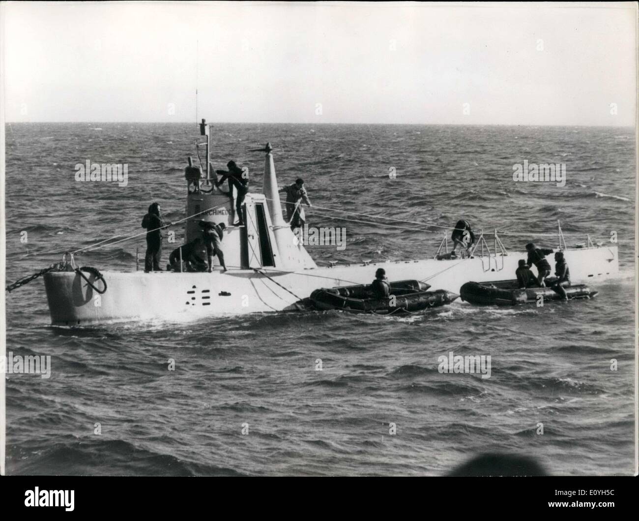 May 15, 1970 - After the spotting, by an American ship, of the wreckage of the French submarine ''Eurydice''. Having disappeared near Cape Camarat, the fourth of last March, the bathyscaphe ''Archimedes'' piloted by Captain Houot, dove into site of the catastrophe in order to photograph and attempt to bring back the debris of the ''Eurydice,'' which when examined in a laboratory, will perhaps deliver the secret of the catastrophe. The crew of the ''Archimedes'' preparing the bathyscaphe for the submersion. Stock Photo