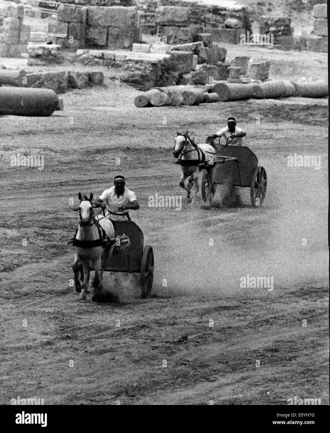 May 29, 1970; Tyre, Lebanon; Chariots race at the Roman Hippodrome at Tyre in Lebanon, seven chariots were competing on the 500-meter-long hairpin shapped course, that was built in the 2nd century A.D. Stock Photo