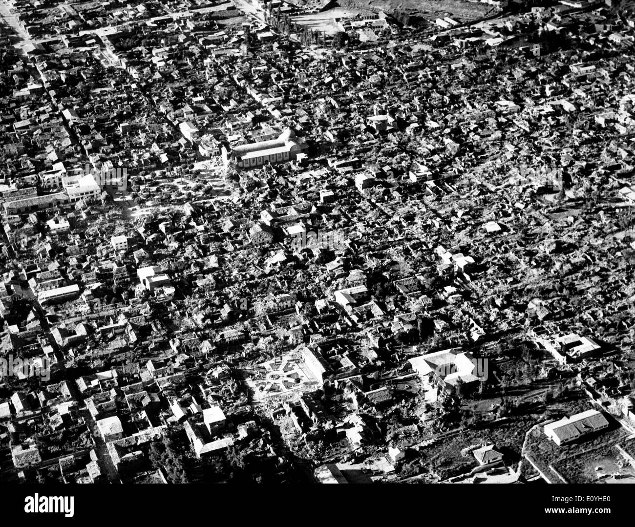 May 31, 1970; Huaraz, PERU; Aerial view of the devastation caused by the 1970 earthquake in Peru, when 70,000 people were killed in ensuing mudslides in Huaraz in the central Andes. It registered 7.8 on the Ritcher scale. Damage was estimated at approximately billion, and about 1 million people were left homeless. Stock Photo