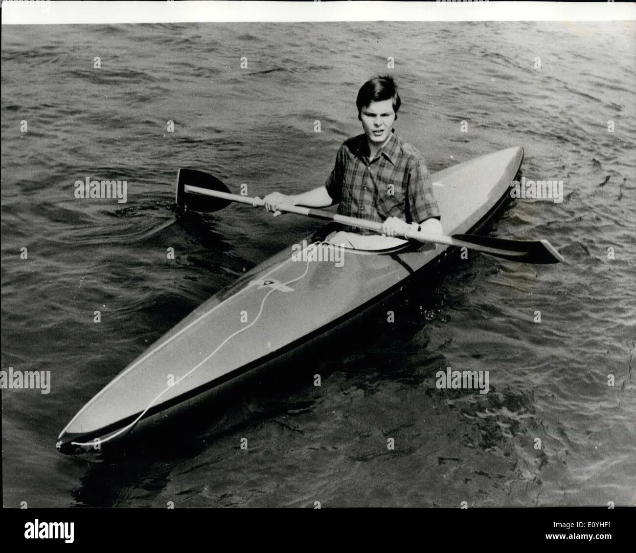 Jun. 06, 1970 - Klaus Pechstein now hopes to cross the artic in a Kayak : Klaus Pechstein, the German, who accomplished the feat of Swimming down the Rhine from its source to Rotterdam last Autumn, has now started and even more intrepid adventure. In a small Kayak - boat he was set out to cross the artic which is expected to take him about five months. Pechestien wants to prove that the Nomads had discovered the American continent earlier than the Vikings. Photo shows Klaus Pechestein in his small Kayak in which he hopes to cross the Artic. Stock Photo