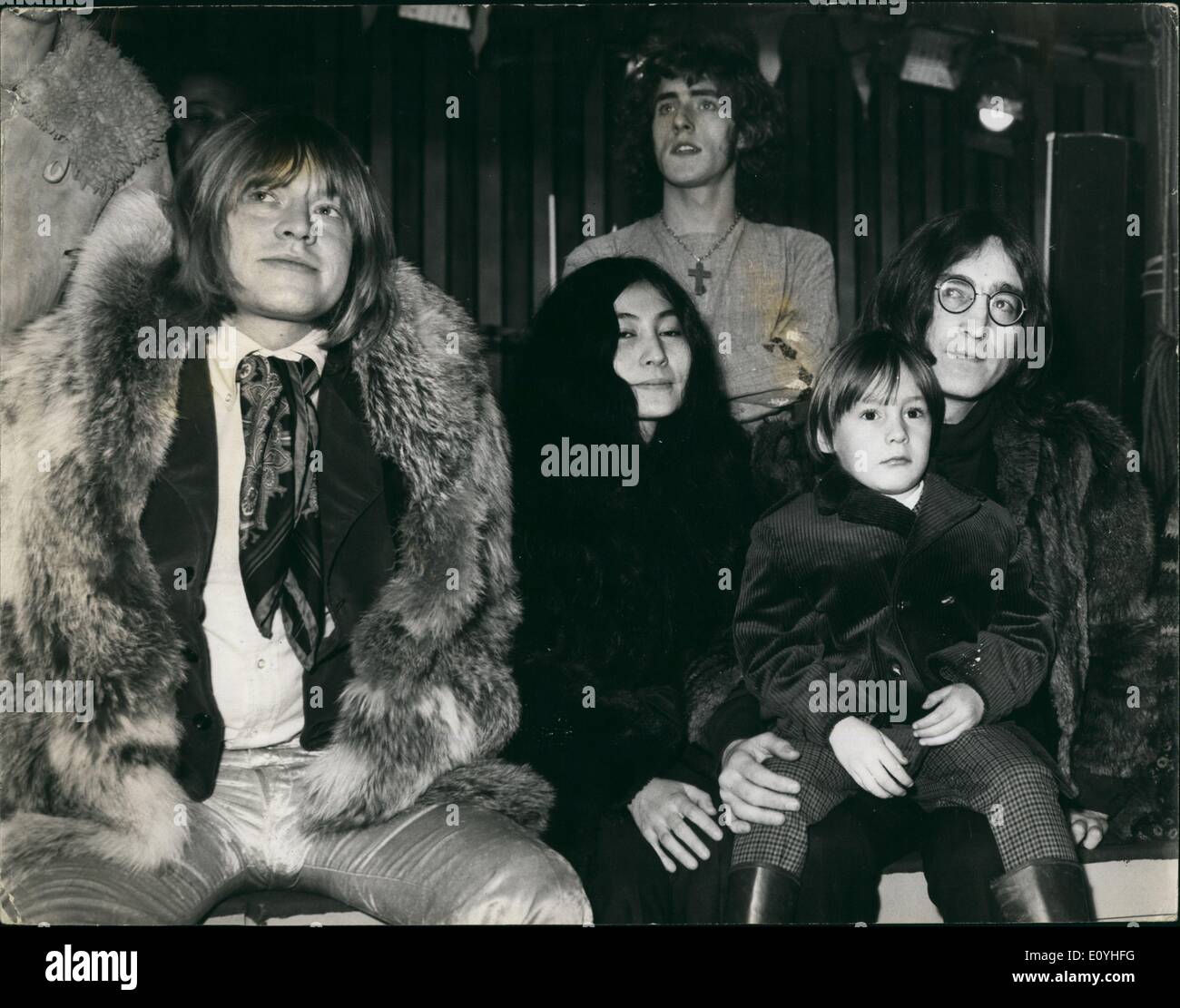 Jun. 06, 1970 - 'Stones' Circus for T.V.: The World's most contrversial pop group, 'The Rolling Stones' are to produce their own television spectacular, tentatively titled ''Rolling Stones' Rock 'n' Roll Circus Shows. The show, which will be televised early nest year, will feature the Rolling Stones, many top popstars - and clowns, animals and dwarfs from Sir Robert Fossett's Circus. The show is being filmed at Internet Studios, Wembly. Watching circus acts as the Intertel Studios - (L. to R.) Brian Jones, of the Rolling Stones, Yoko Ono, and John Lennon, with his son Julian. Stock Photo