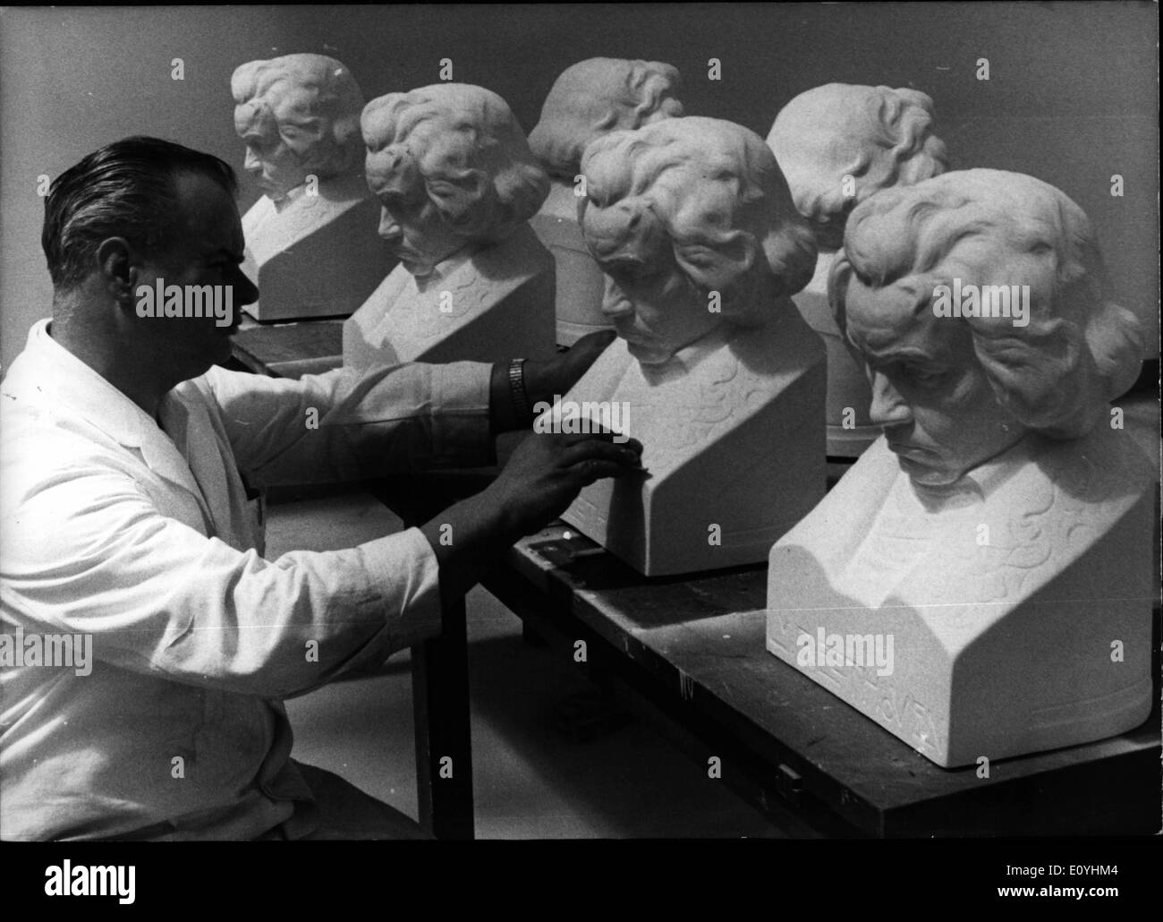 Jun. 06, 1970 - They go all over the world.: these Beethoven busts of which, as a whole, 145 items have been produced in the workshop of the District Museum of Bonn. Werner Maslaukowsky ( Maslaukowsky - Picture ), head of this workshop, who has absolved an apprenticeship as a chemical engineer, at first made a from of India rubber, according to a model by the Cologne sculptor J.B. Sohreiber, which was then cast out with plaster. Subsequently each bust got a manual finish. The works of art, made on the occasion of Ludwig van Beethoven's 200th anniversary on Dec Stock Photo